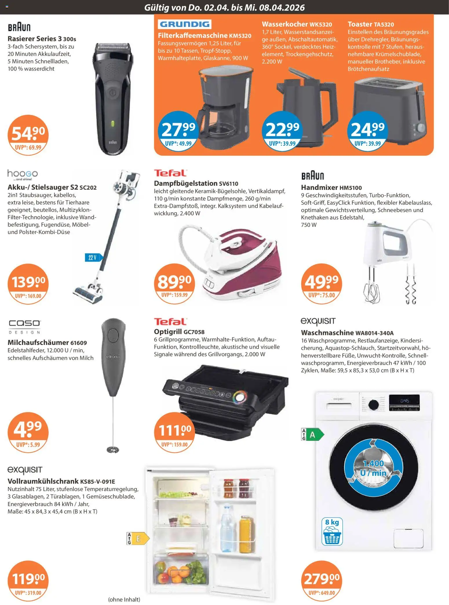 V-Markt Angebote – gültig ab 02.04.2026 | Seite: 22 | Produkte: Wasserkocher, Rasierer, Waschmaschine, Handmixer