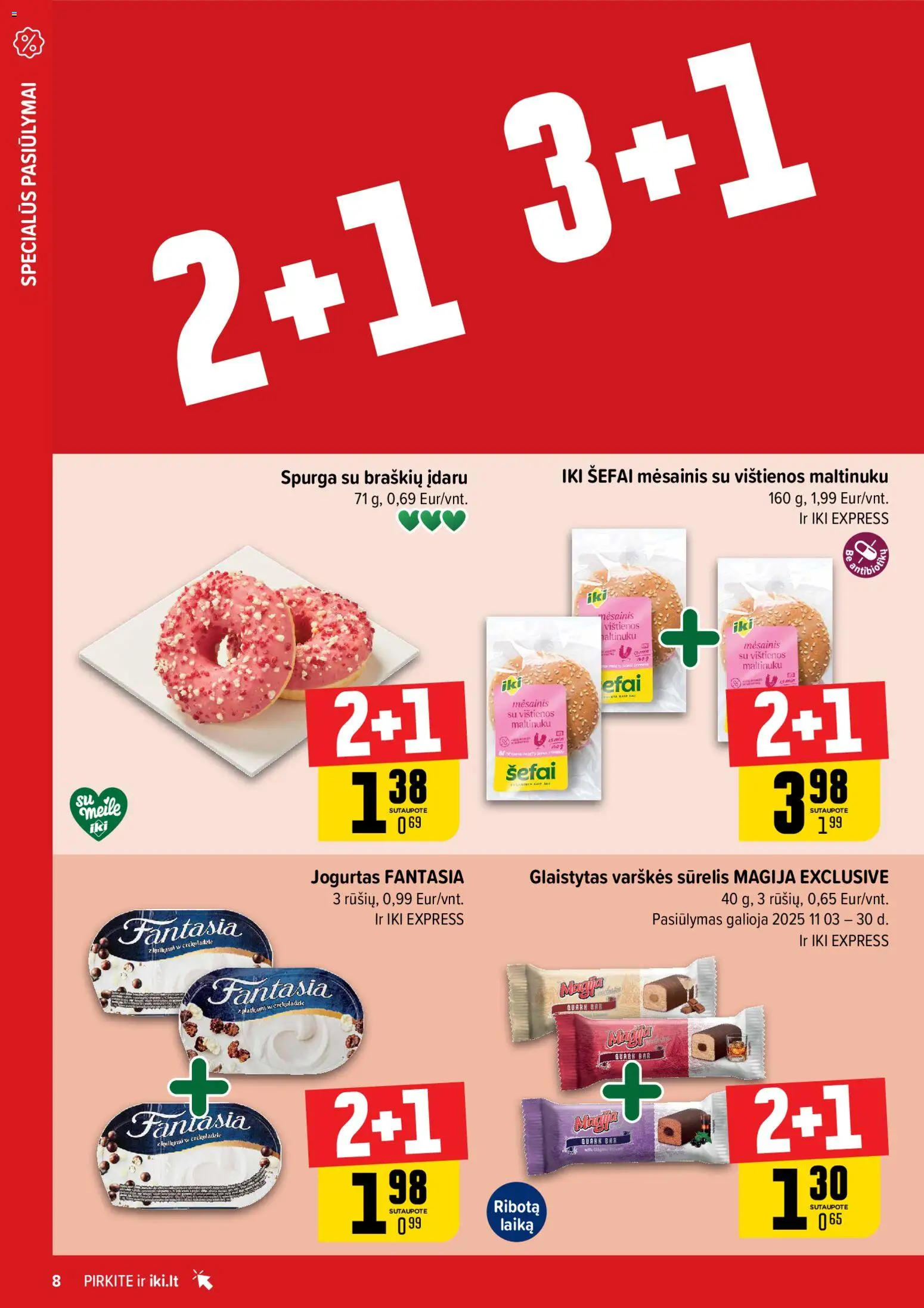 IKI akcijos nuo 10.11.2025 | Puslapis: 8 | Prekių: Sūrelis, Vištienos, Spurga, Jogurtas