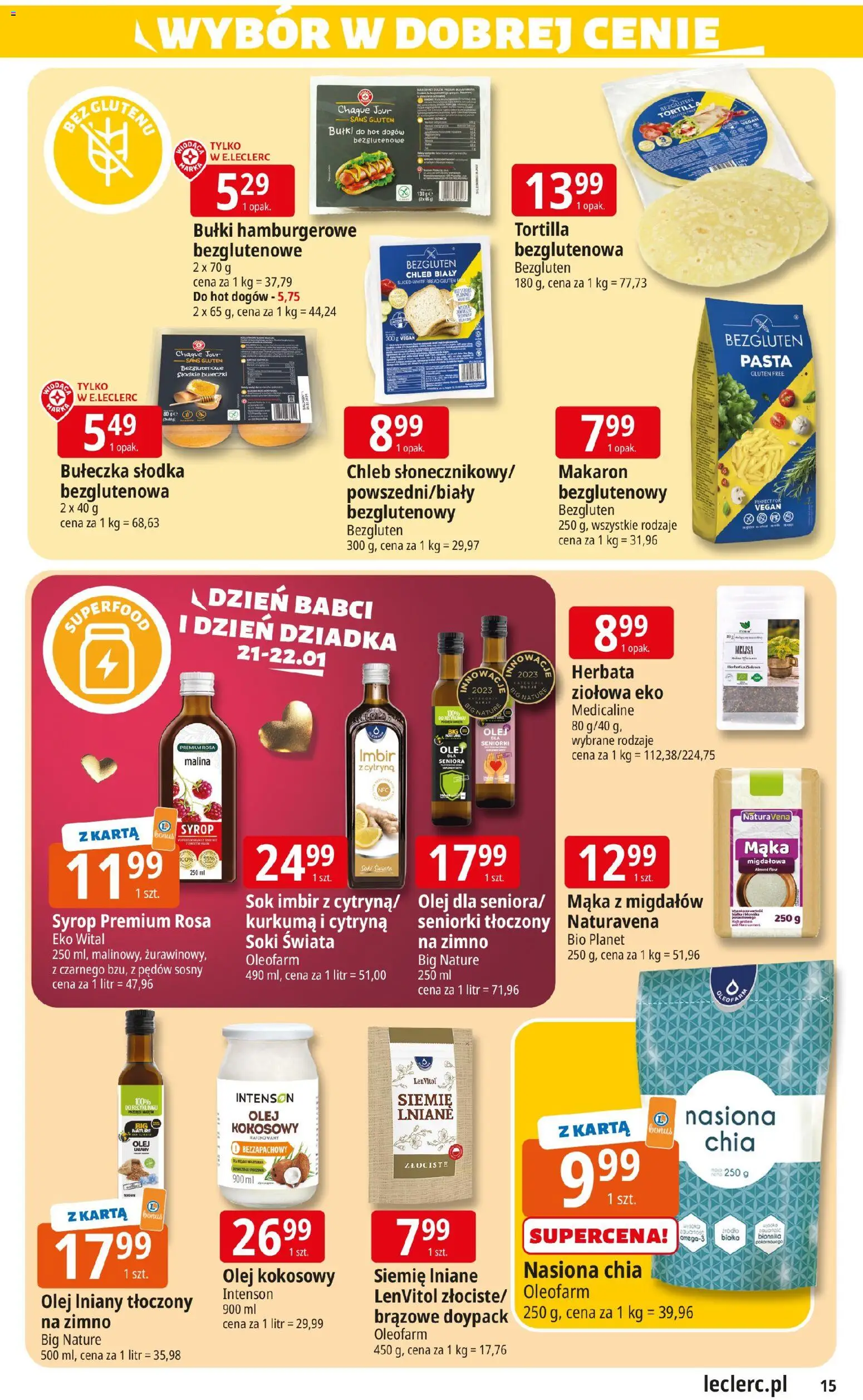 E.Leclerc Gazetka - Radom od 13.01.2026 | Strona: 15 | Produkty: Olej, Olej kokosowy, Bułki do hot dogów, Makaron