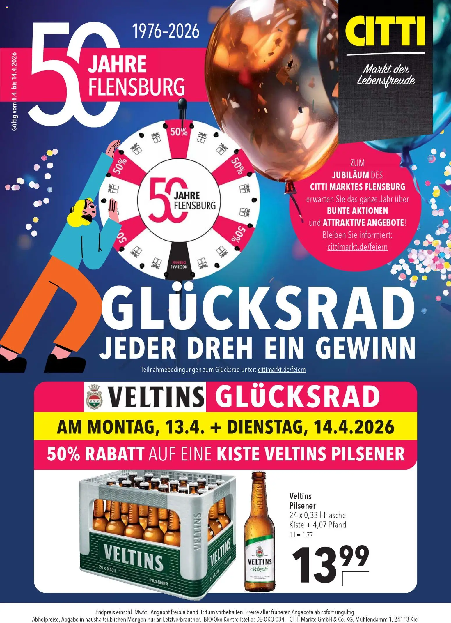 CITTI Markt 50 Jahre Flensburg – gültig ab 08.04.2026 | Seite: 1 | Produkte: Veltins