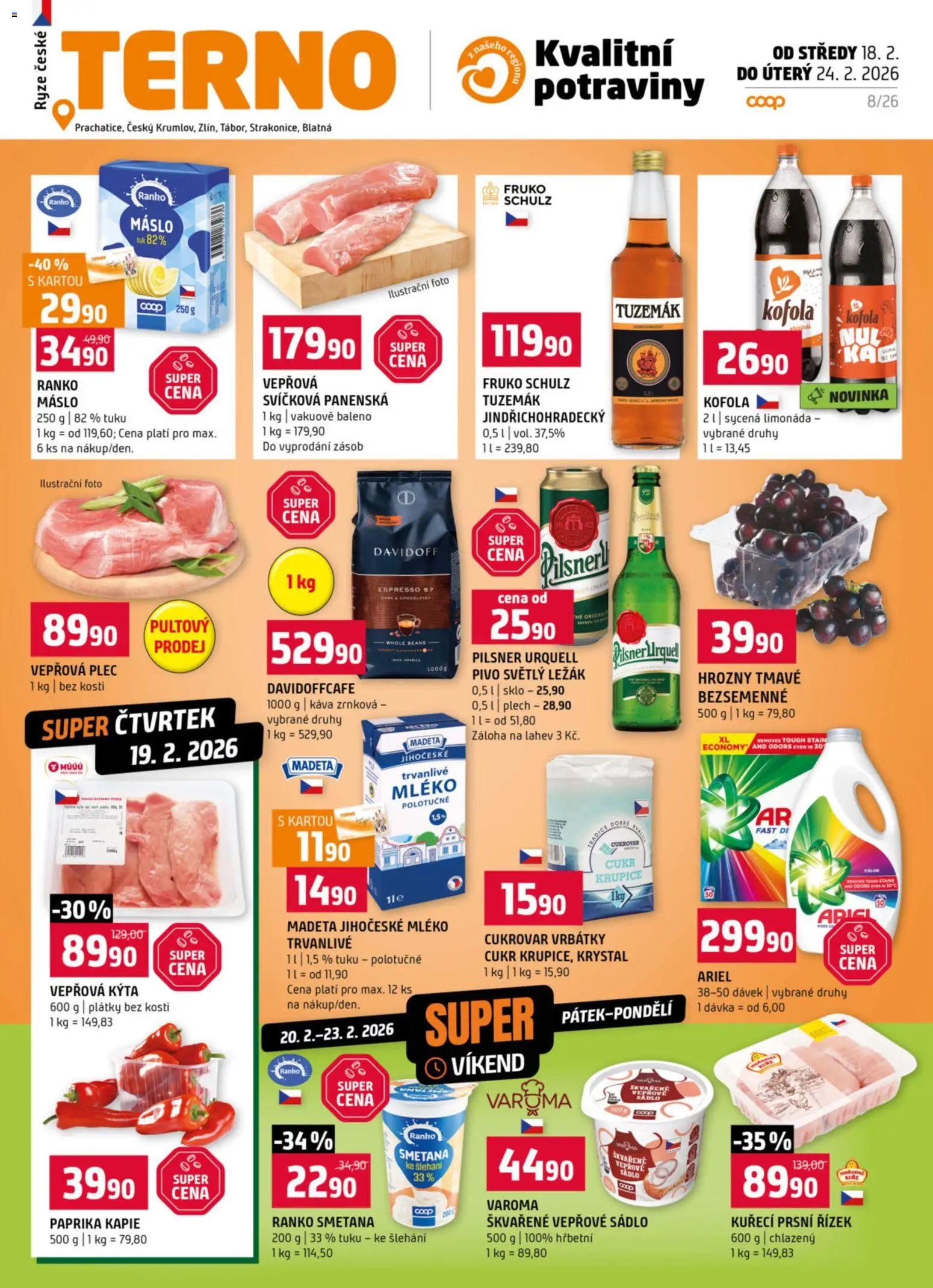 Terno leták - Prachatice od 18.02.2026 | Strana: 1 | Produkty: Limonáda, Máslo, Paprika, Láhev