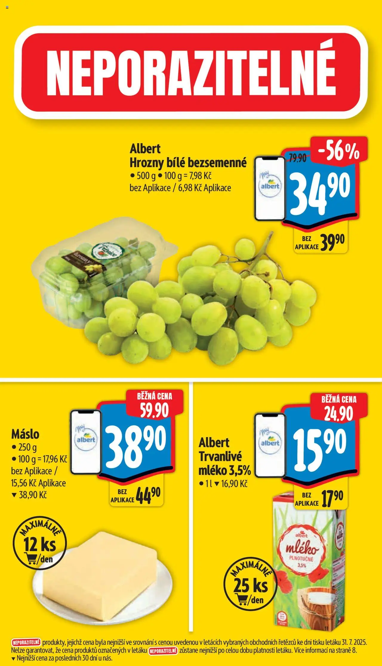 Albert leták - Supermarket - Letňany od 06.08.2025 | Strana: 3 | Produkty: Mléko, Máslo, Hrozny