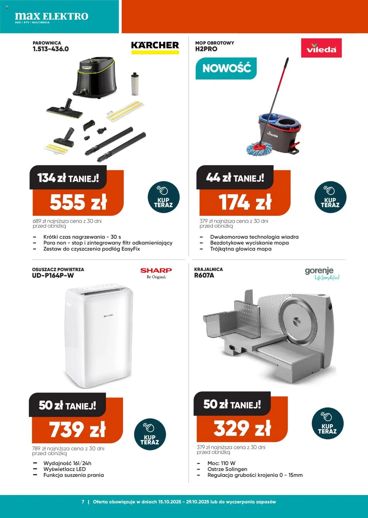 Max elektro Gazetka od 15.10.2025 | Strona: 7 | Produkty: Krajalnica, Parownica, Mop obrotowy