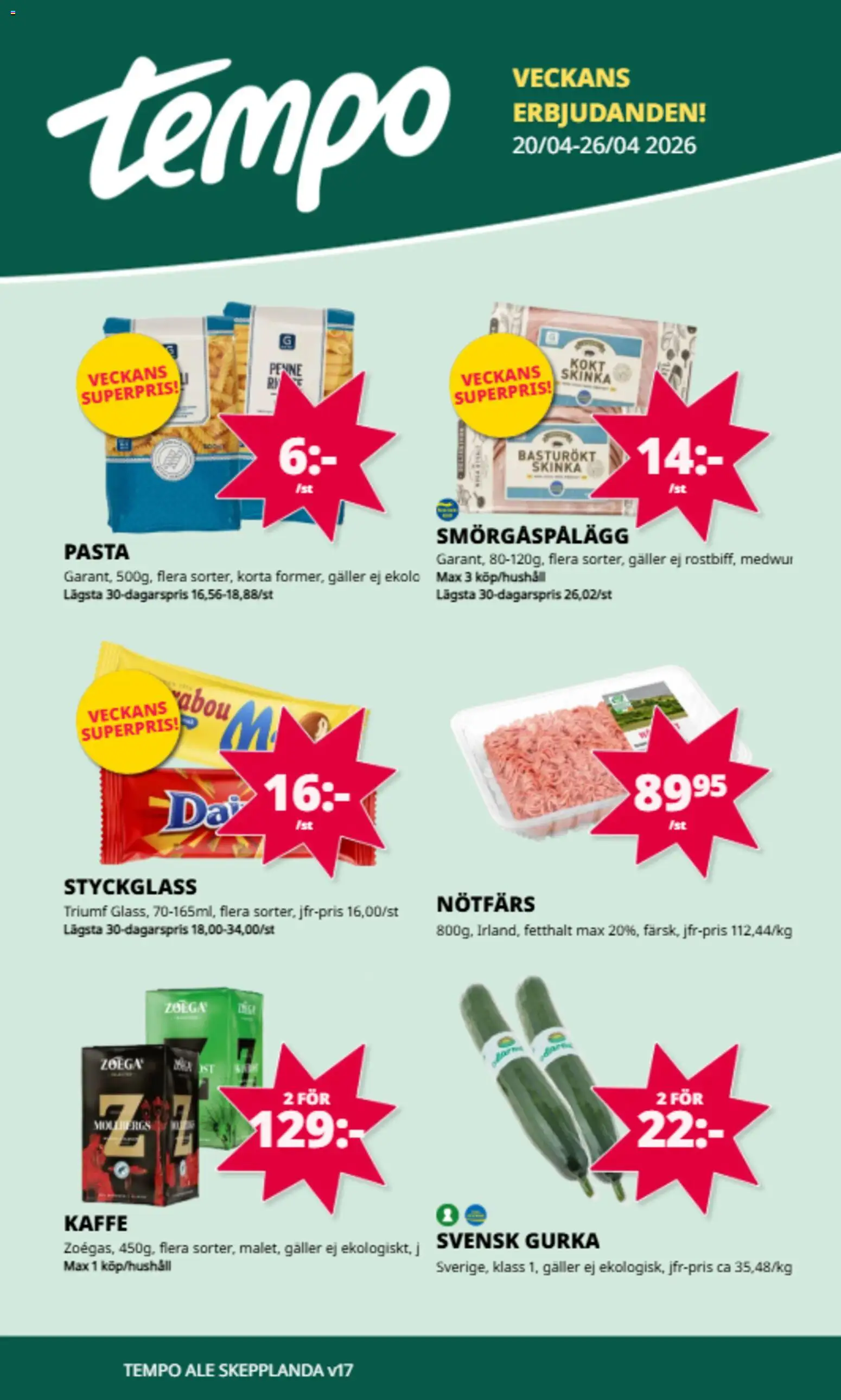 Tempo reklamblad aktuell från 20.04.2026 | Sida: 1 | Produkter: Nötfärs, Galler, Smörgåspålägg, Pasta