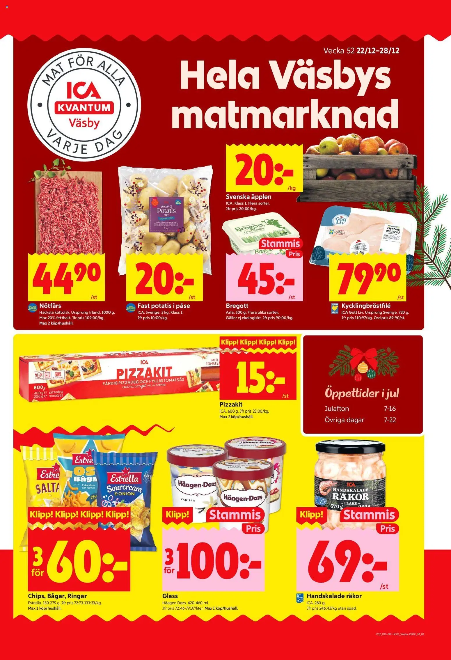ICA Kvantum reklamblad aktuell från 22.12.2025 | Sida: 1 | Produkter: Nötfärs, Äpplen, Potatis, Glass