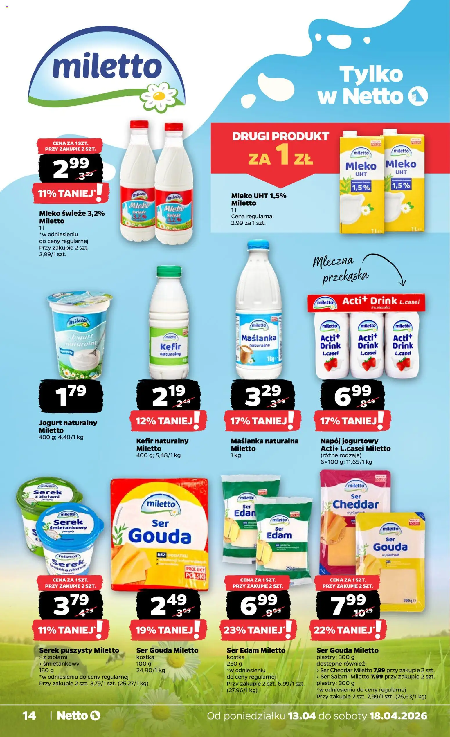 Netto gazetka od poniedziałku spożywcza od 13.04.2026 | Strona: 14 | Produkty: Serek, Jogurt naturalny, Ser, Cheddar
