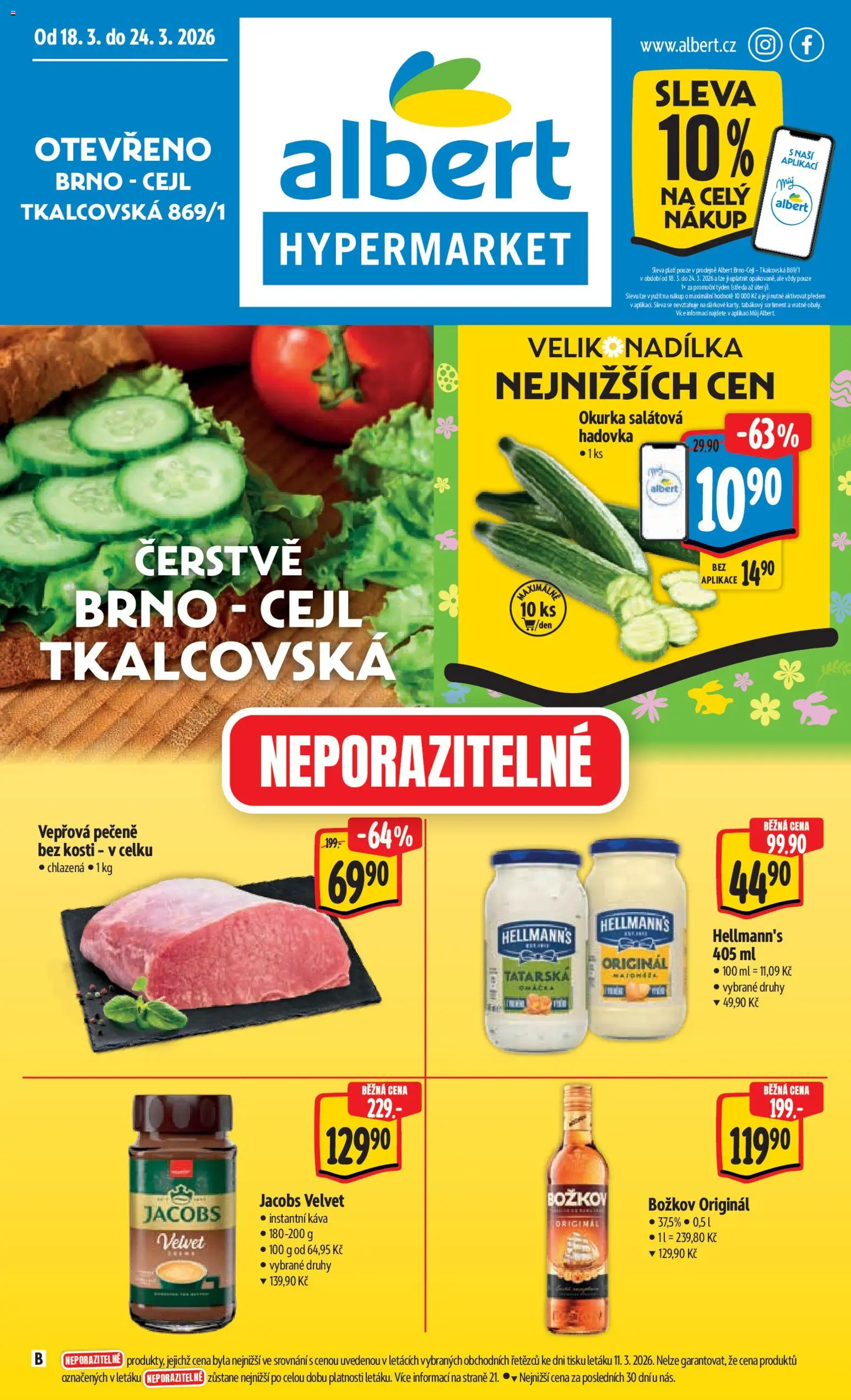 Albert leták - Hypermarket - Brno od 18.03.2026 | Strana: 1 | Produkty: Instantní káva, Hellmann's, Božkov, Jacobs velvet
