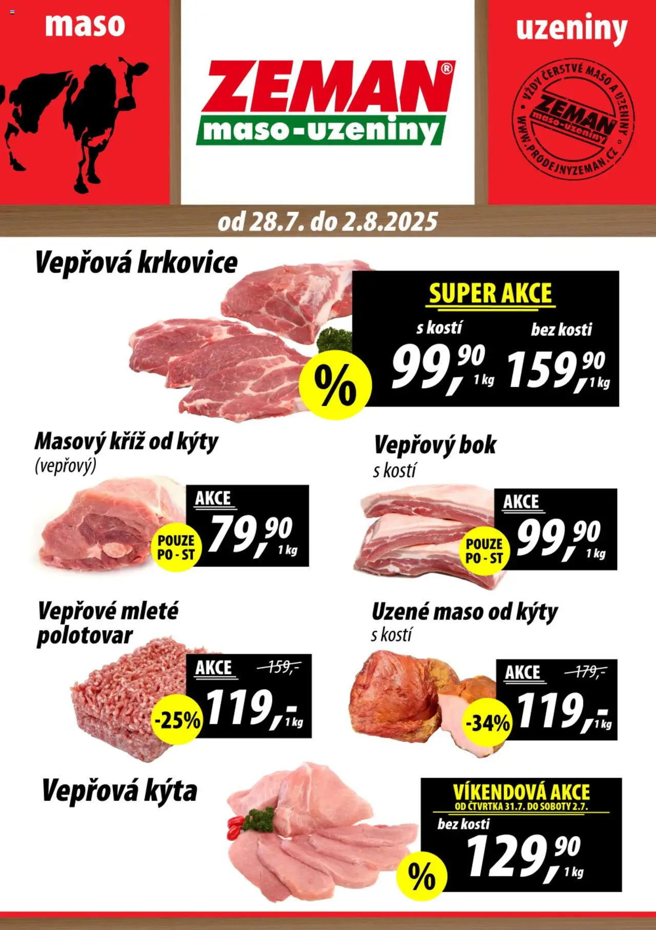 Prodejny Zeman leták od 28.07.2025 | Strana: 1 | Produkty: Uzené maso, Uzeniny, Maso, Vepřová krkovice