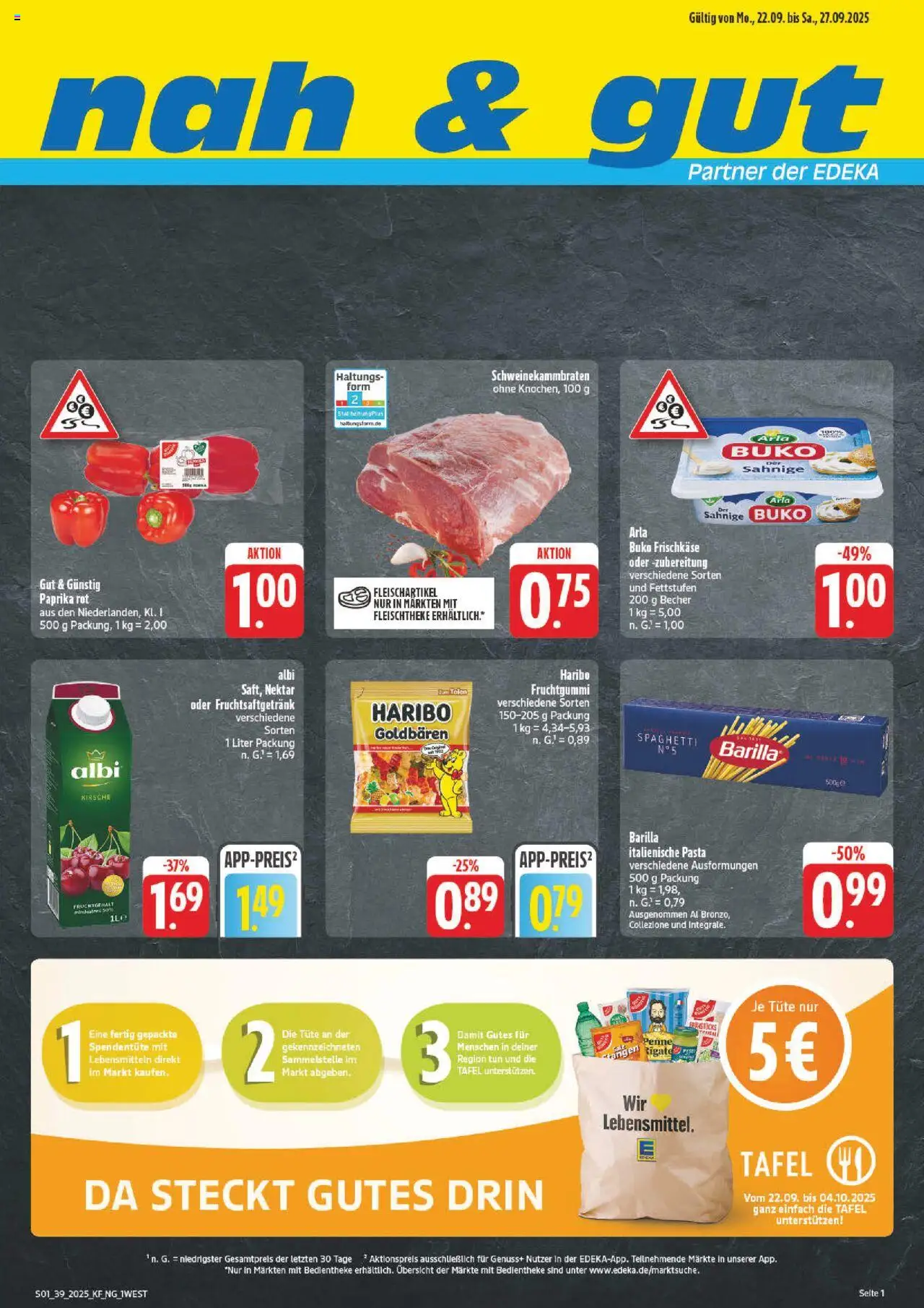 nah & gut Prospekt 	 – gültig ab 22.09.2025 | Seite: 1 | Produkte: Barilla, Paprika, Arla buko, Frischkase