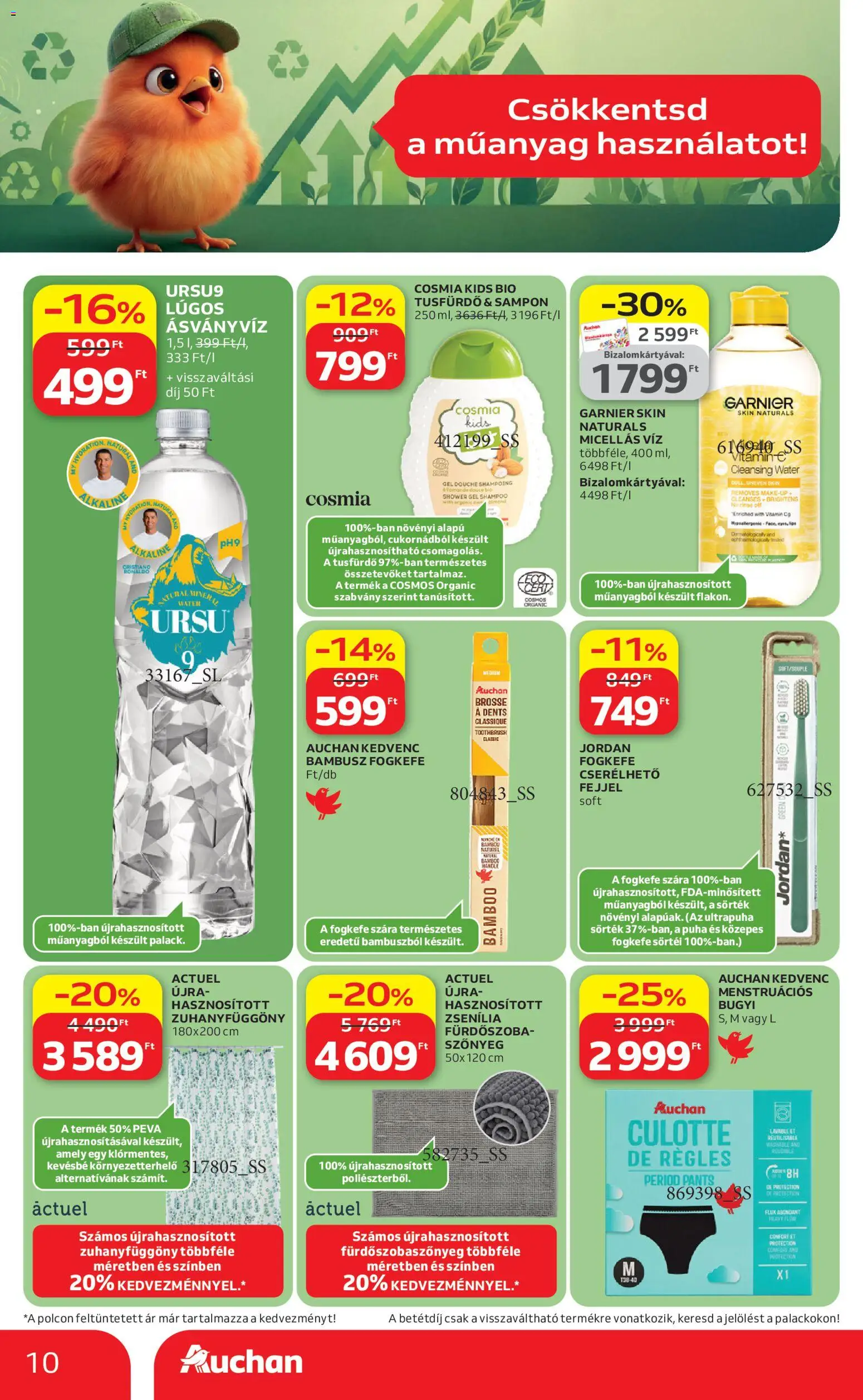 Auchan akciós ujság - amely érvényes a következő dátumtól: 23.04.2026 | Oldal: 10 | Termékek: Micellás víz, Szőnyeg, Ásványvíz, Fürdőszoba