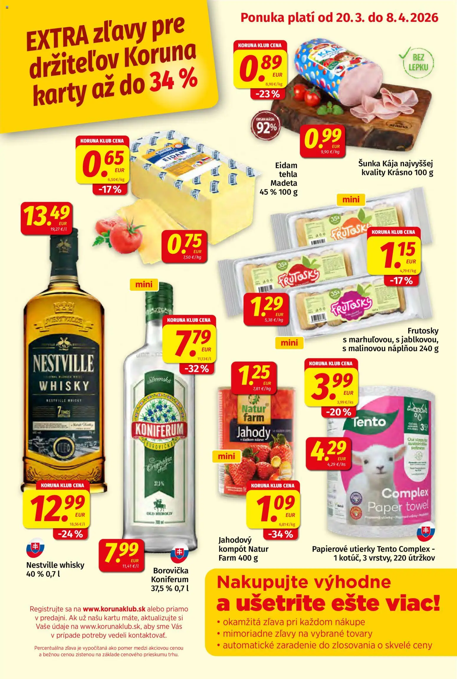 Nové Koruna akcie – leták je platný od 20.03.2026 | Strana: 9 | Produkty: Borovička, Eidam, Jahody, Whisky