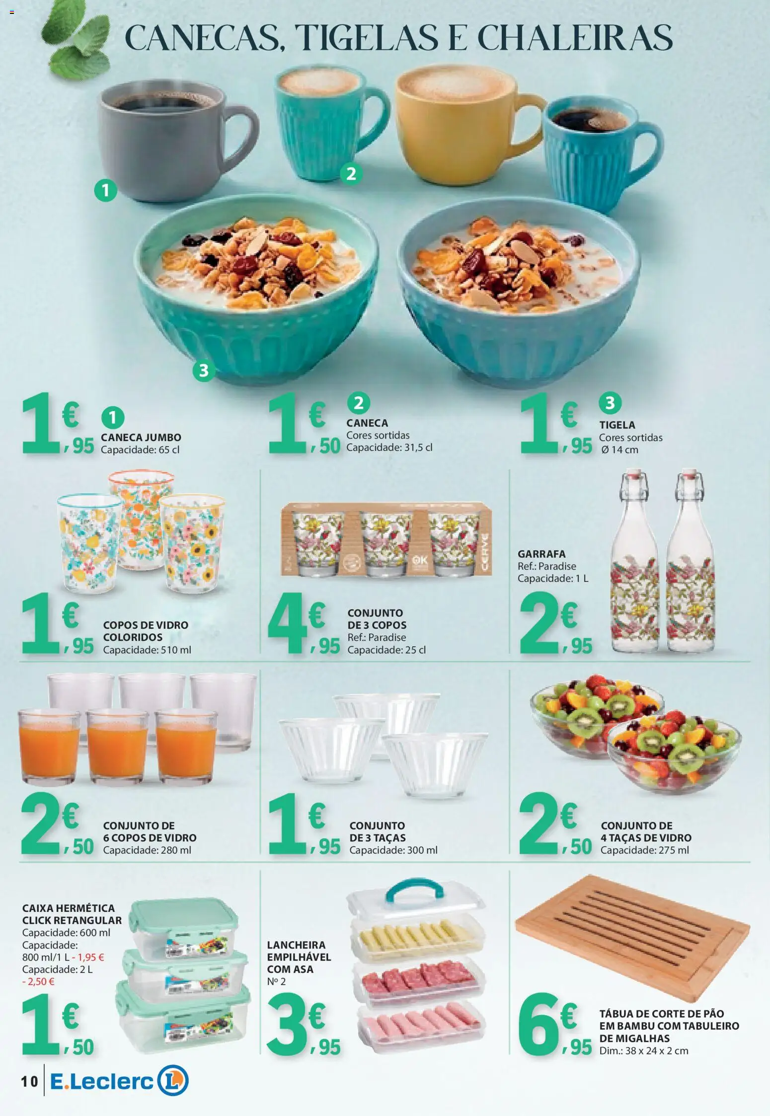 E.Leclerc folheto Especial Pequeno-Almoço │ válido de 21.04.2026 | Página: 10 | Produtos: Tábua, Copos, Caixa, Pão