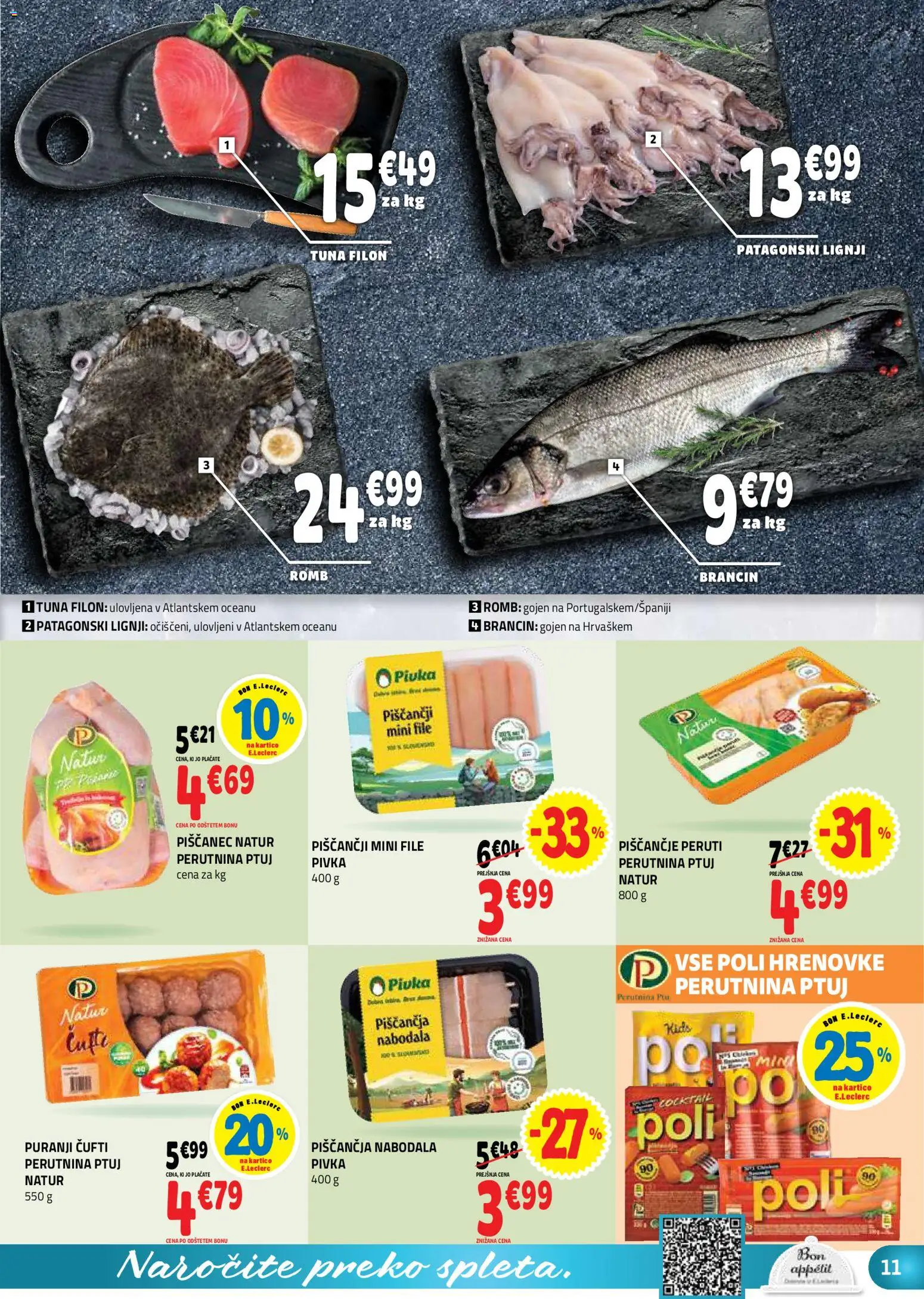 Novi E.leclerc katalog ponudbe – veljaven od 04.03.2026 | Stran: 11 | Izdelki: Hrenovke, Lignji, Tuna, Nabodala