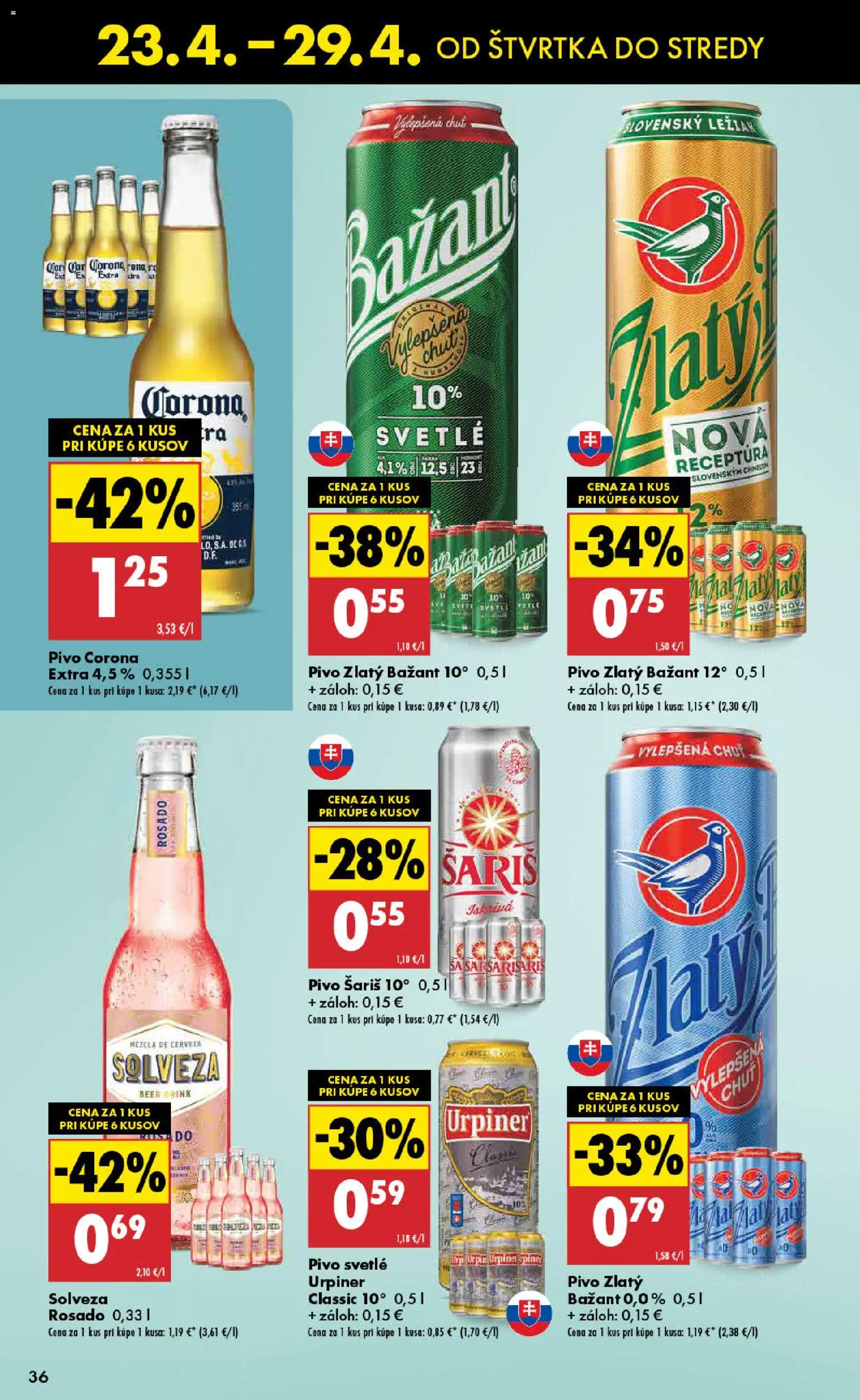 Nové Biedronka akcie – leták je platný od 23.04.2026 | Strana: 36 | Produkty: Pivo, Zlatý Bažant, Šariš, Urpiner