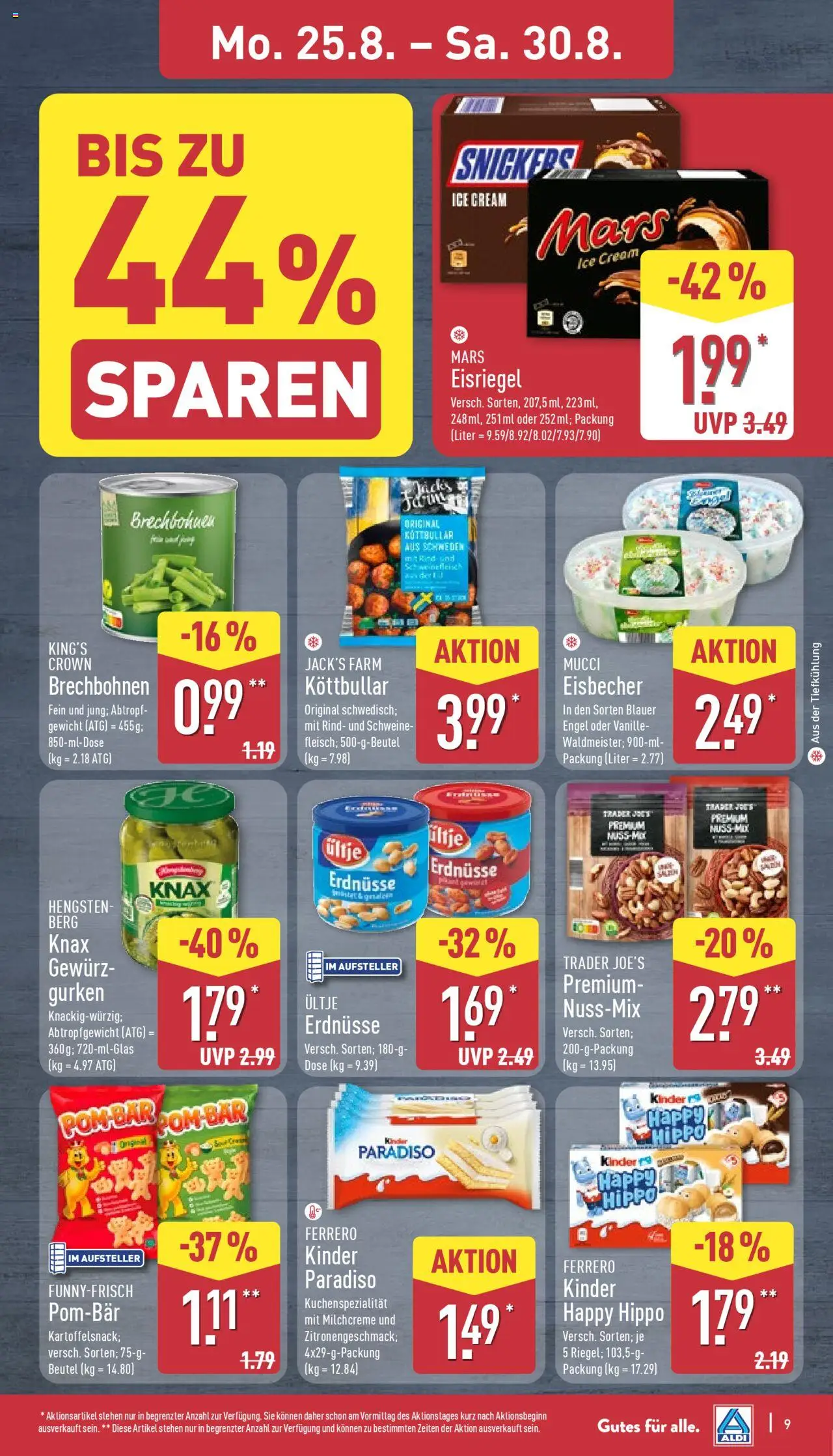 Aldi Prospekt 	 - gültig ab dem 25.08.2025 | Seite: 9 | Produkte: Gewicht, Erdnüsse, Snickers, Schweinefleisch
