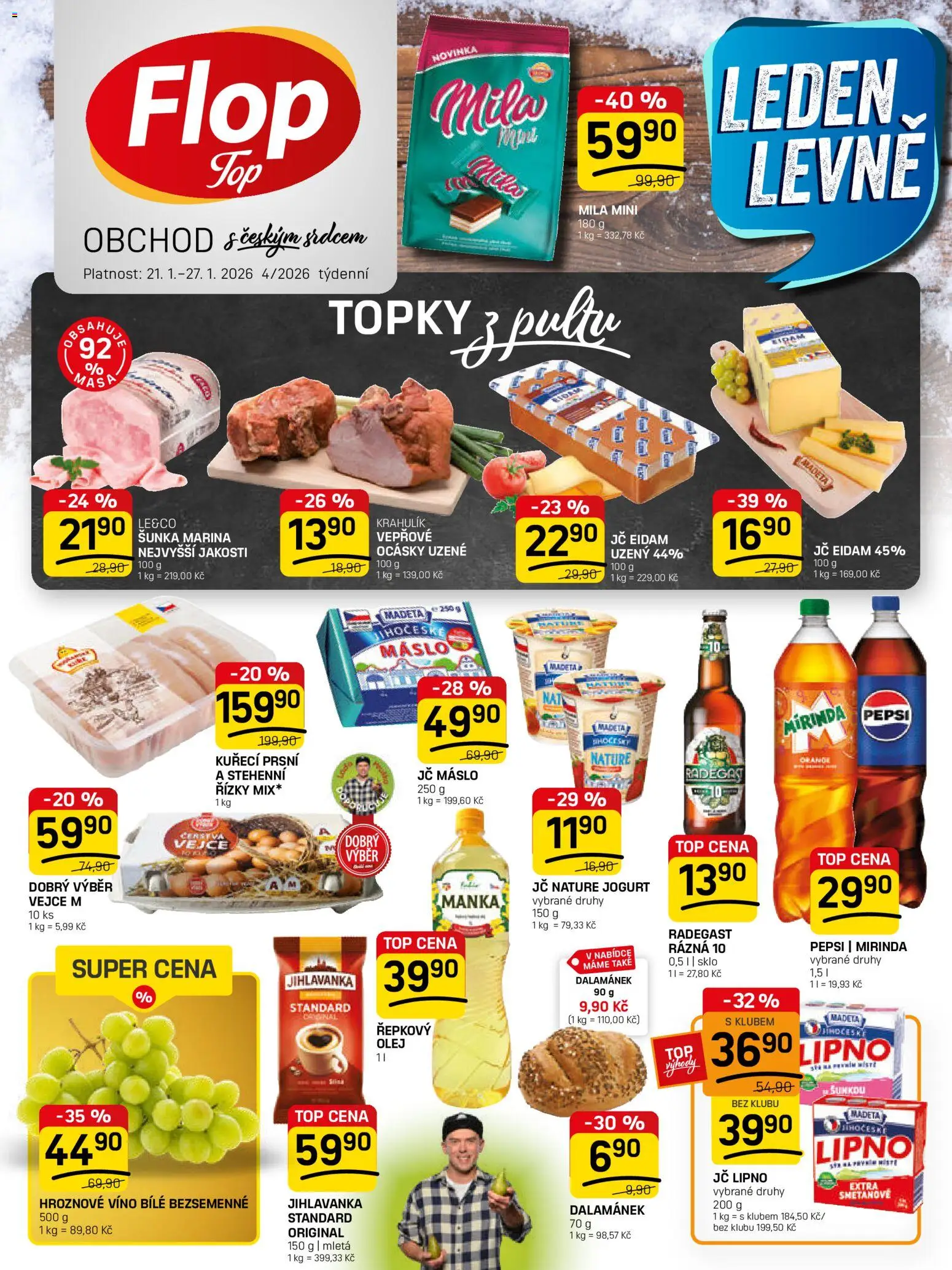 Flop leták - FlopTop od 21.01.2026 | Strana: 1 | Produkty: Máslo, Olej, Pepsi, Dalamánek
