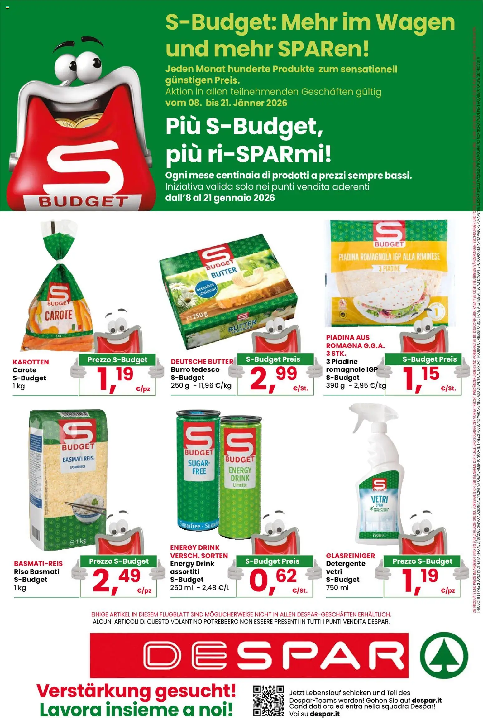 Volantino Despar del 08.01.2026 | Pagina: 20 | Prodotti: Riso Basmati, Detergente, Carote, Piadina