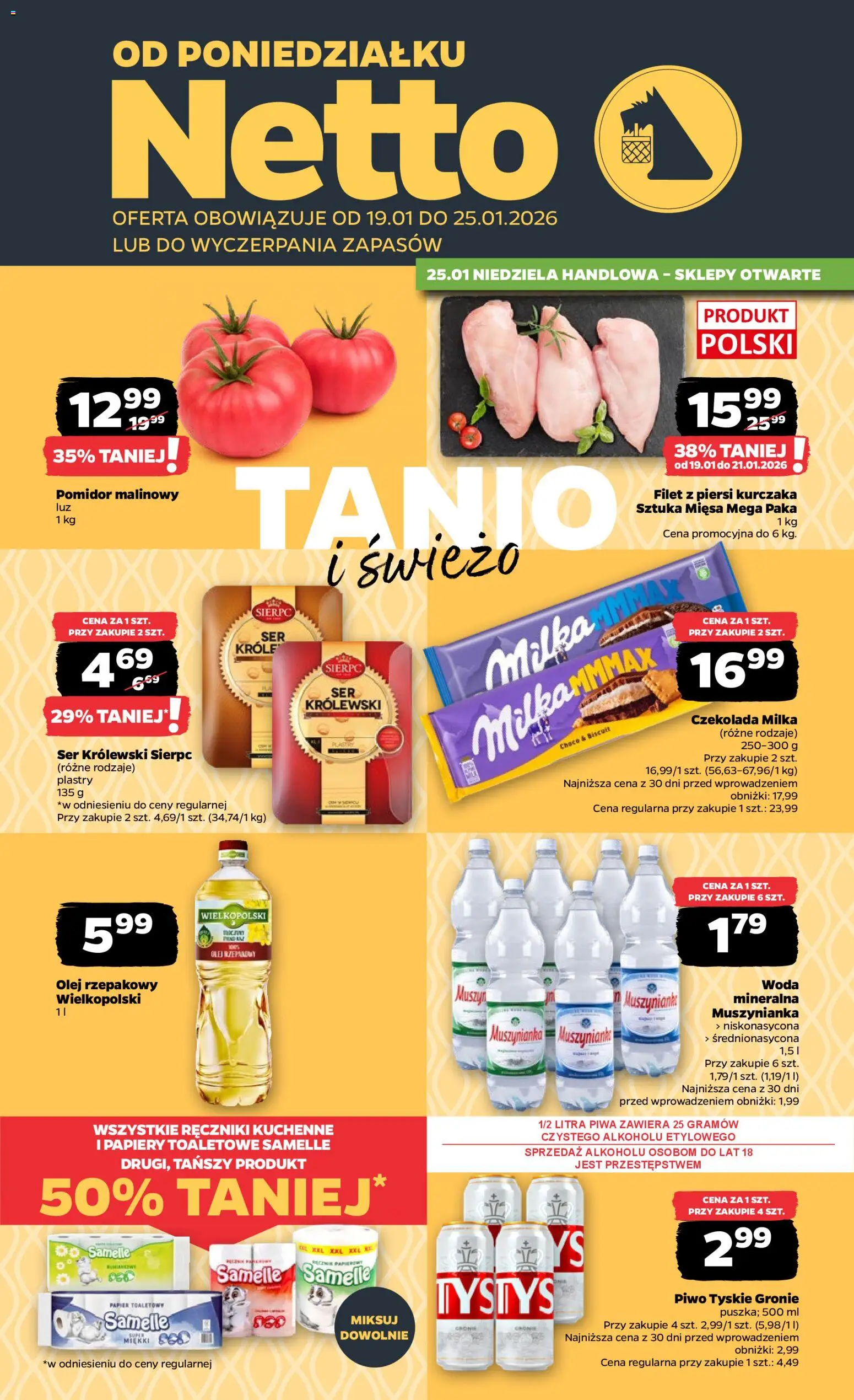 Netto gazetka - Spożywcza od 19.01.2026 | Strona: 1 | Produkty: Pomidor malinowy, Tyskie, Olej, Filet z piersi kurczaka