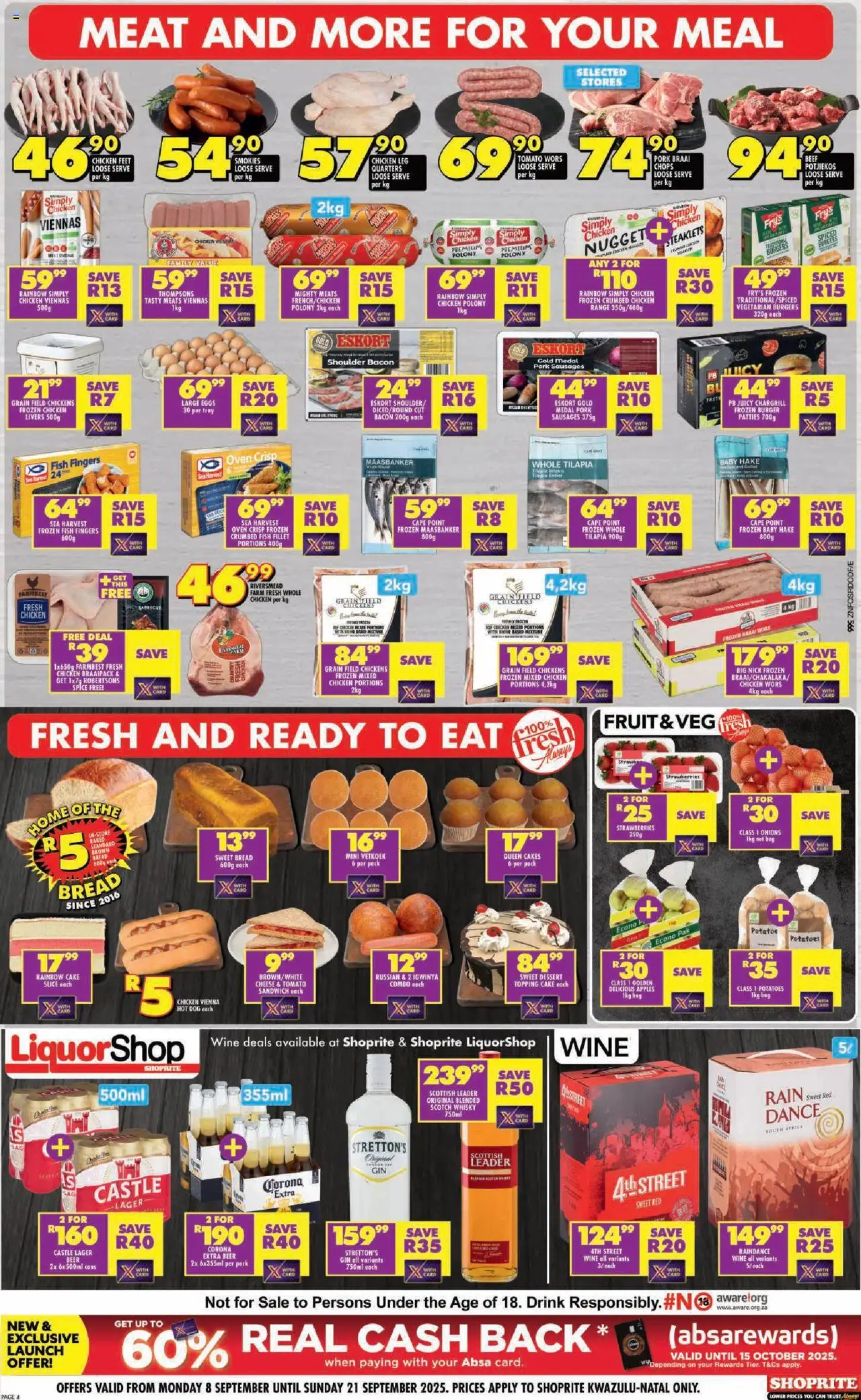 New Shoprite catalogue – valid from 08.09.2025 | Page: 4 | Products: Beer, Fish, Burgers, Strawberries