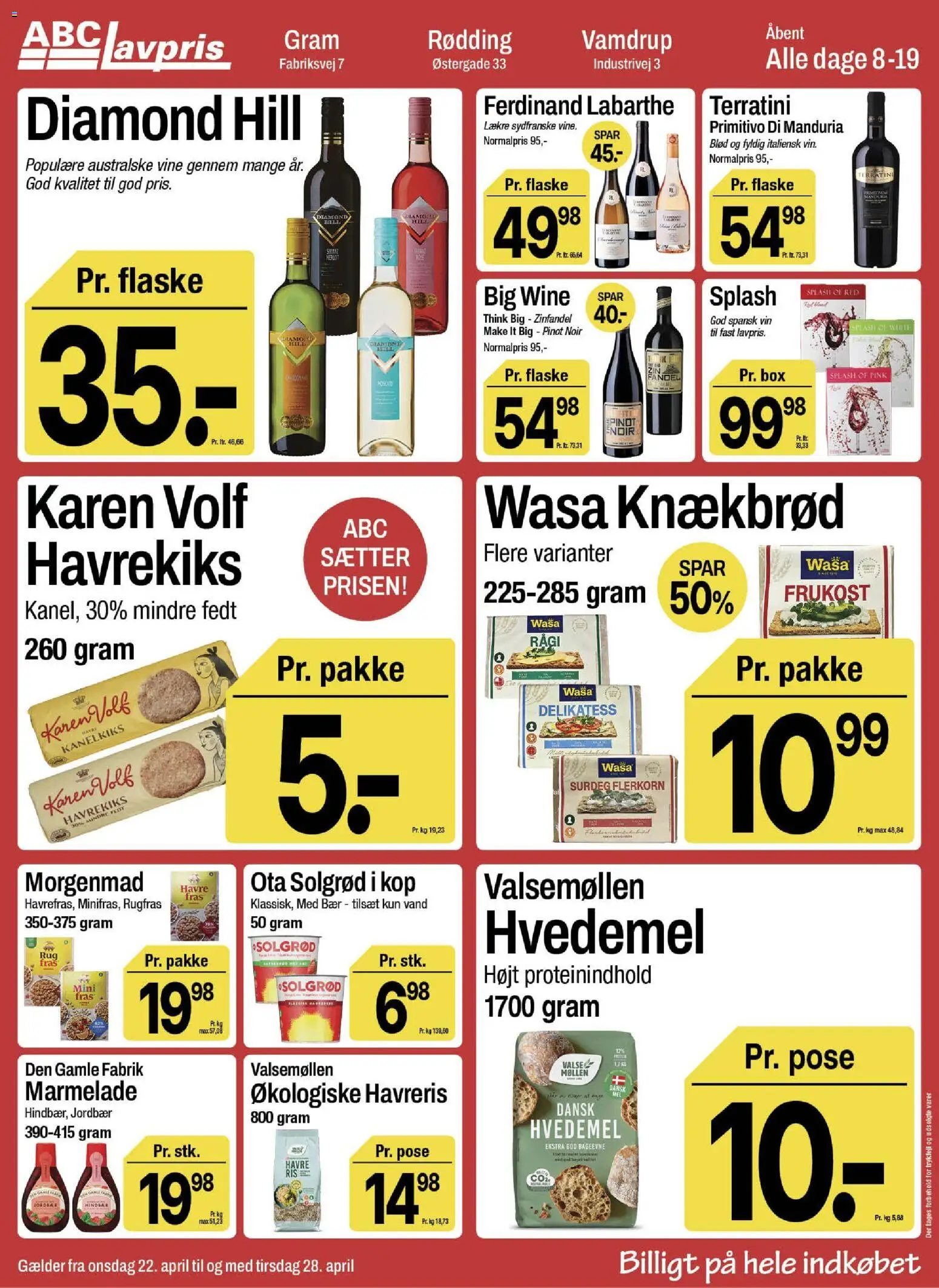 Abc Lavpris tilbudsavis – gyldig fra 22.04.2026 | Side: 7 | Produkter: Vin, Hvedemel, Knækbrød, Marmelade