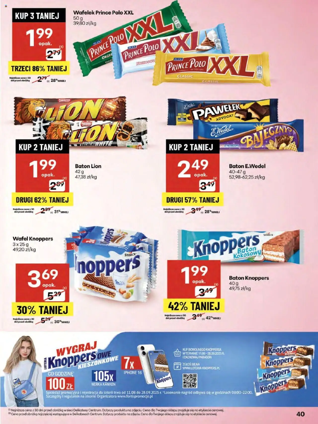 Delikatesy Centrum Gazetka - Sklepy Własne od 14.08.2025 | Strona: 40 | Produkty: Knoppers, Prince polo xxl, Delikatesy, Baton