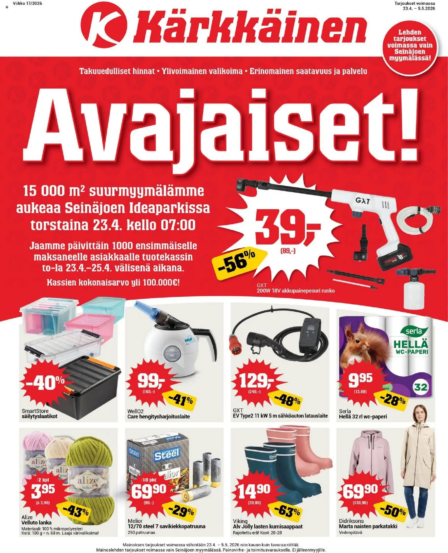 Kärkkäinen tarjoukset - Seinäjoen alue – voimassa 23.04.2026 alkaen | Sivu: 1 | Tuotteet: Hella, Säilytyslaatikot, Kumisaappaat, Kello