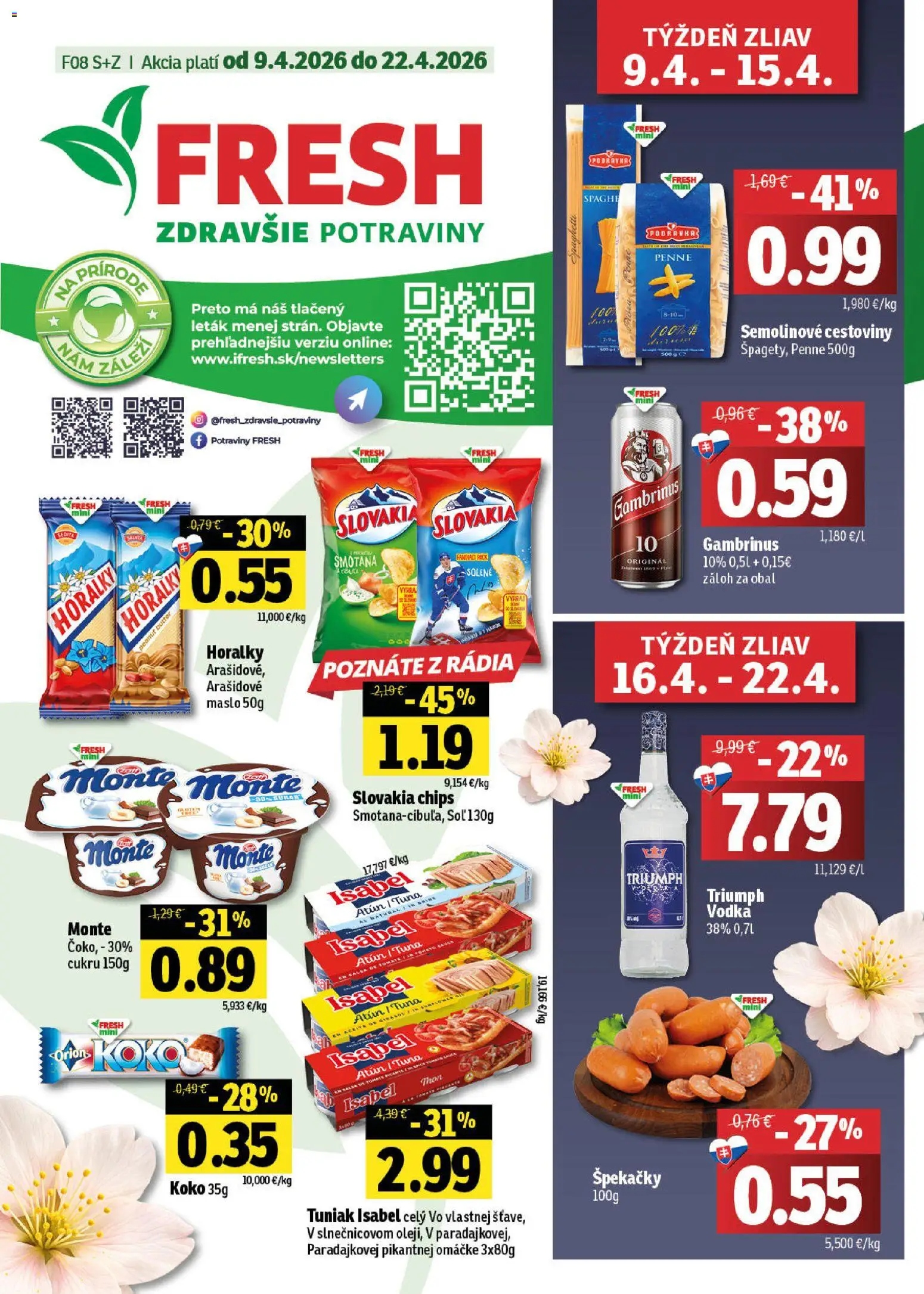 Nové Fresh akcie – leták je platný od 09.04.2026 | Strana: 1 | Produkty: Maslo, Cestoviny, Gambrinus, Horálky