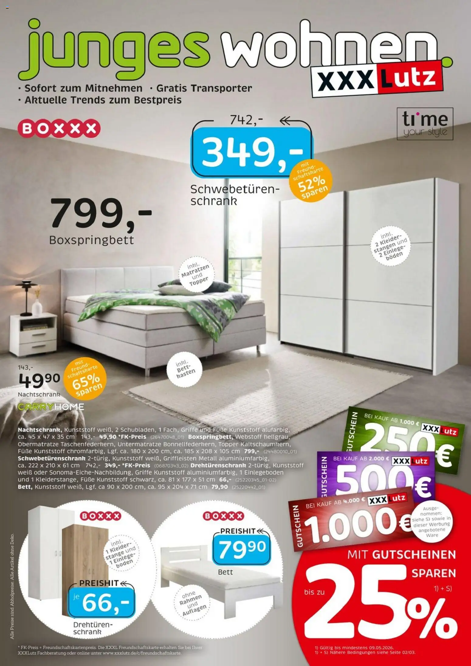 XXXLutz Junges Wohnen – gültig ab 25.04.2026 | Seite: 1 | Produkte: Bett, Schwebetürenschrank, Topper, Schrank