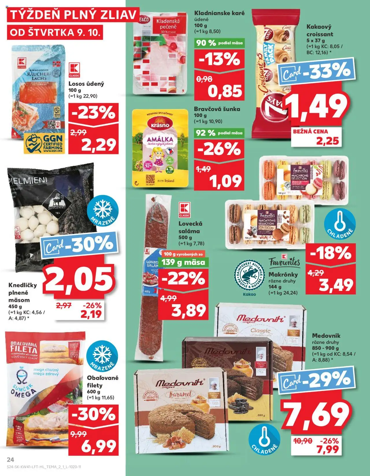 Nové Kaufland akcie – leták je platný od 09.10.2025 | Strana: 24 | Produkty: Saláma, Makronky, Losos, Kakao