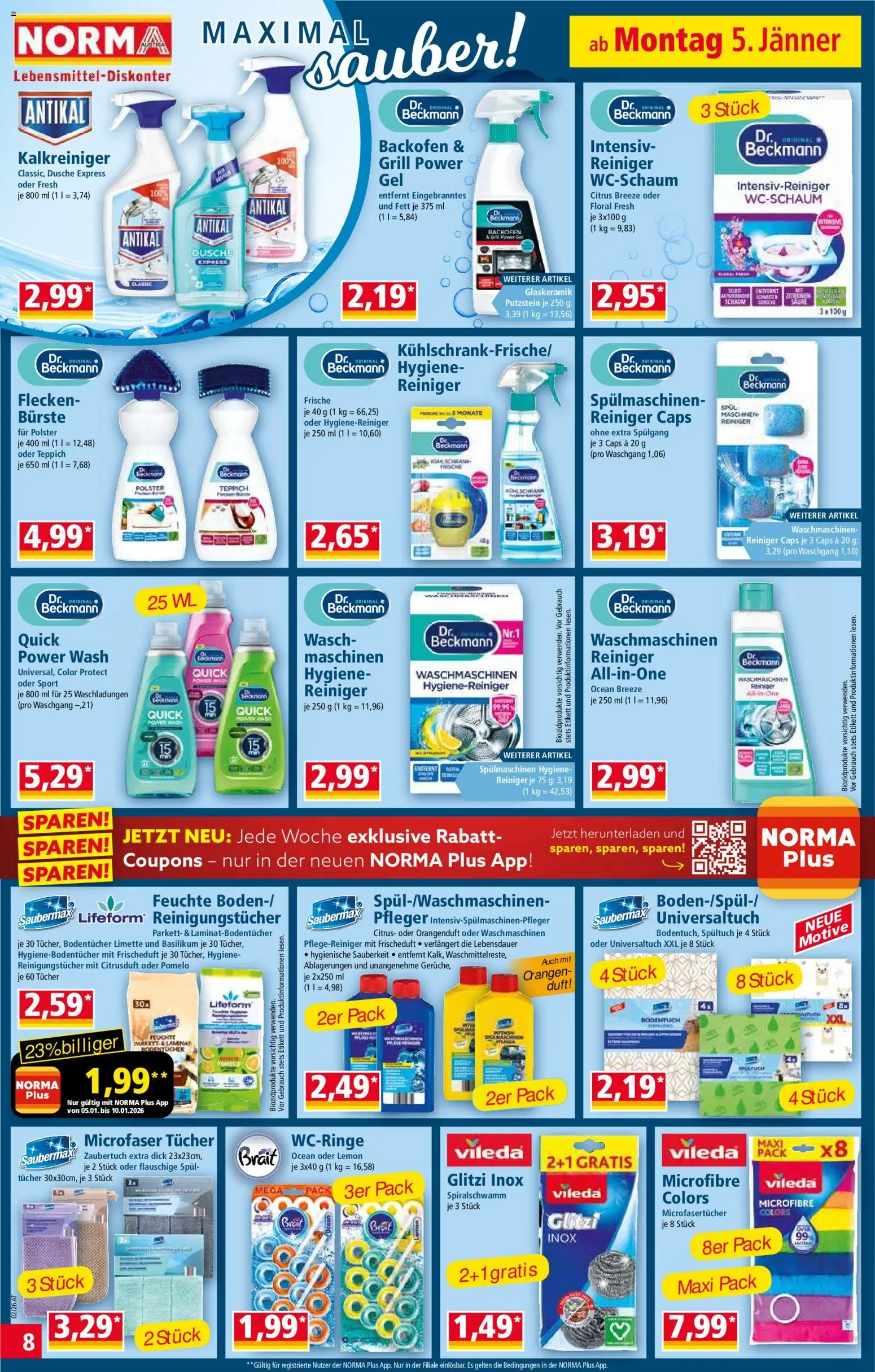 Norma Flugblatt gültig ab 05.01.2025 | Seite: 8 | Produkte: Dusche, Bürste, Orangen, Reinigungstücher