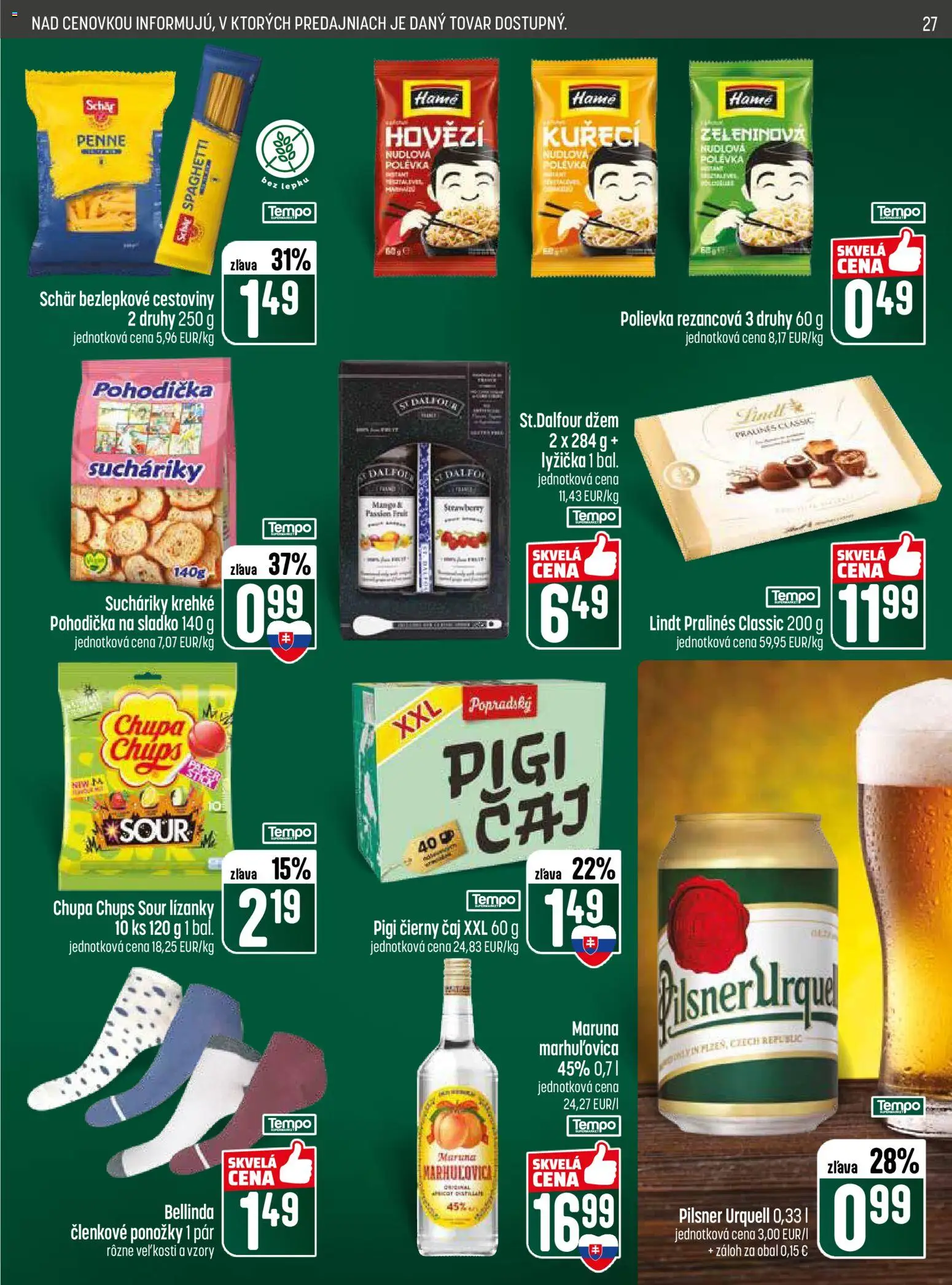 Nové COOP Jednota akcie – leták je platný od 09.04.2026 | Strana: 27 | Produkty: Pilsner Urquell, Cestoviny, Lindt, Ponožky