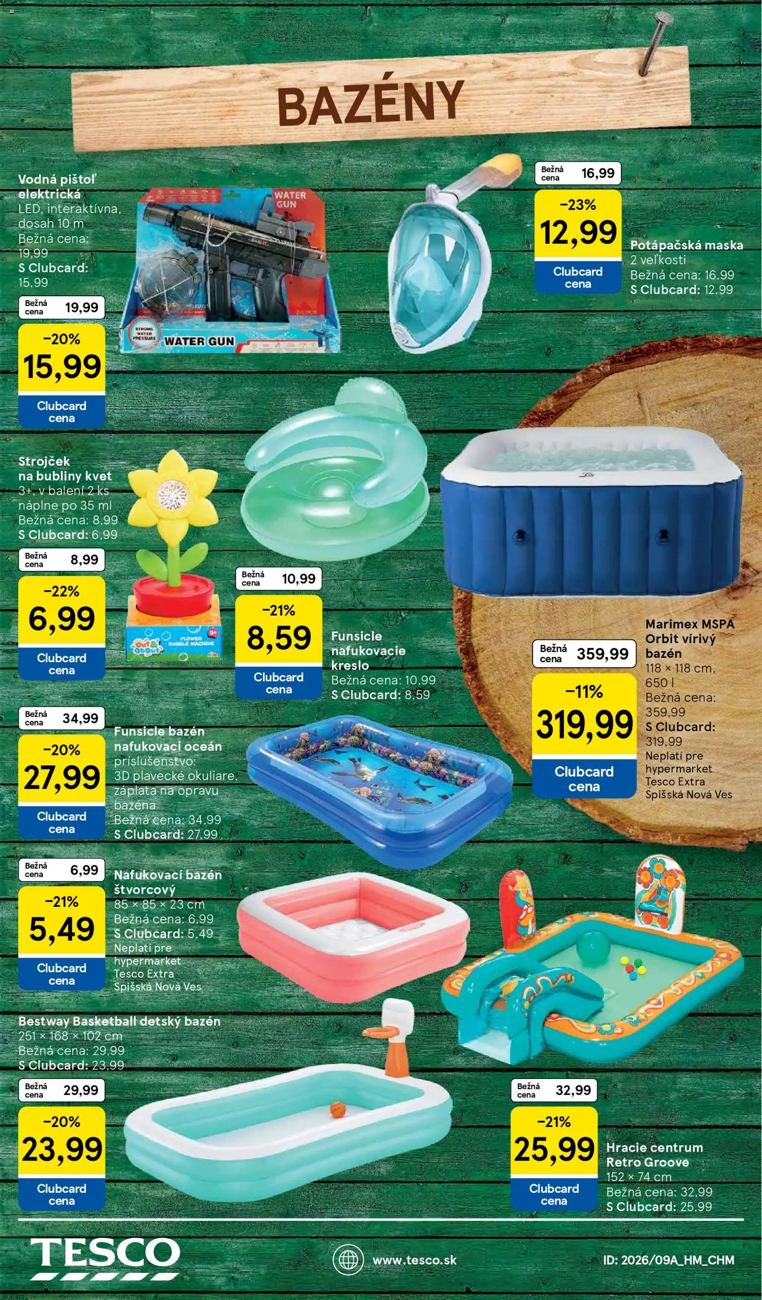 Nové Tesco akcie – leták je platný od 27.04.2026 | Strana: 19 | Produkty: Bazény, Strojček, Nafukovacie kreslo