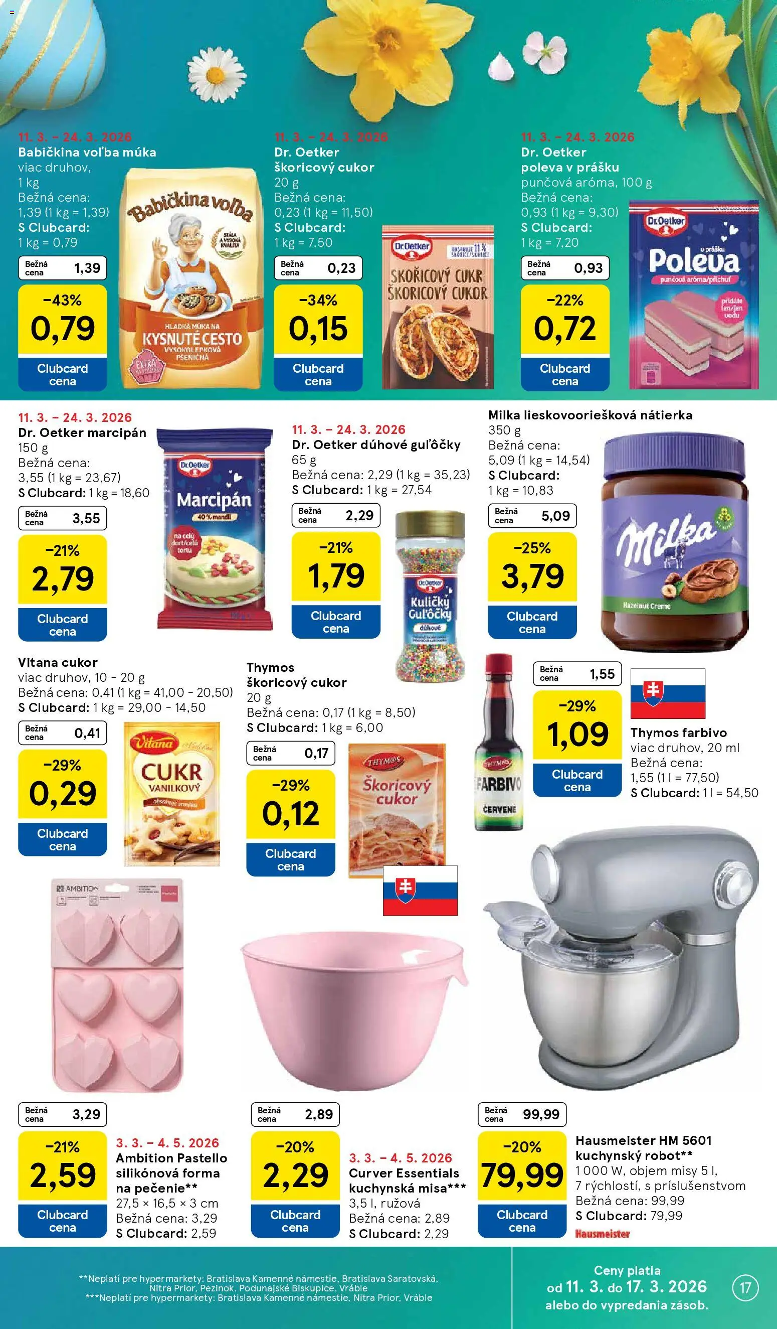 Nové Tesco akcie – leták je platný od 11.03.2026 | Strana: 17 | Produkty: Kuchynský robot, Múka, Milka, Hladká múka