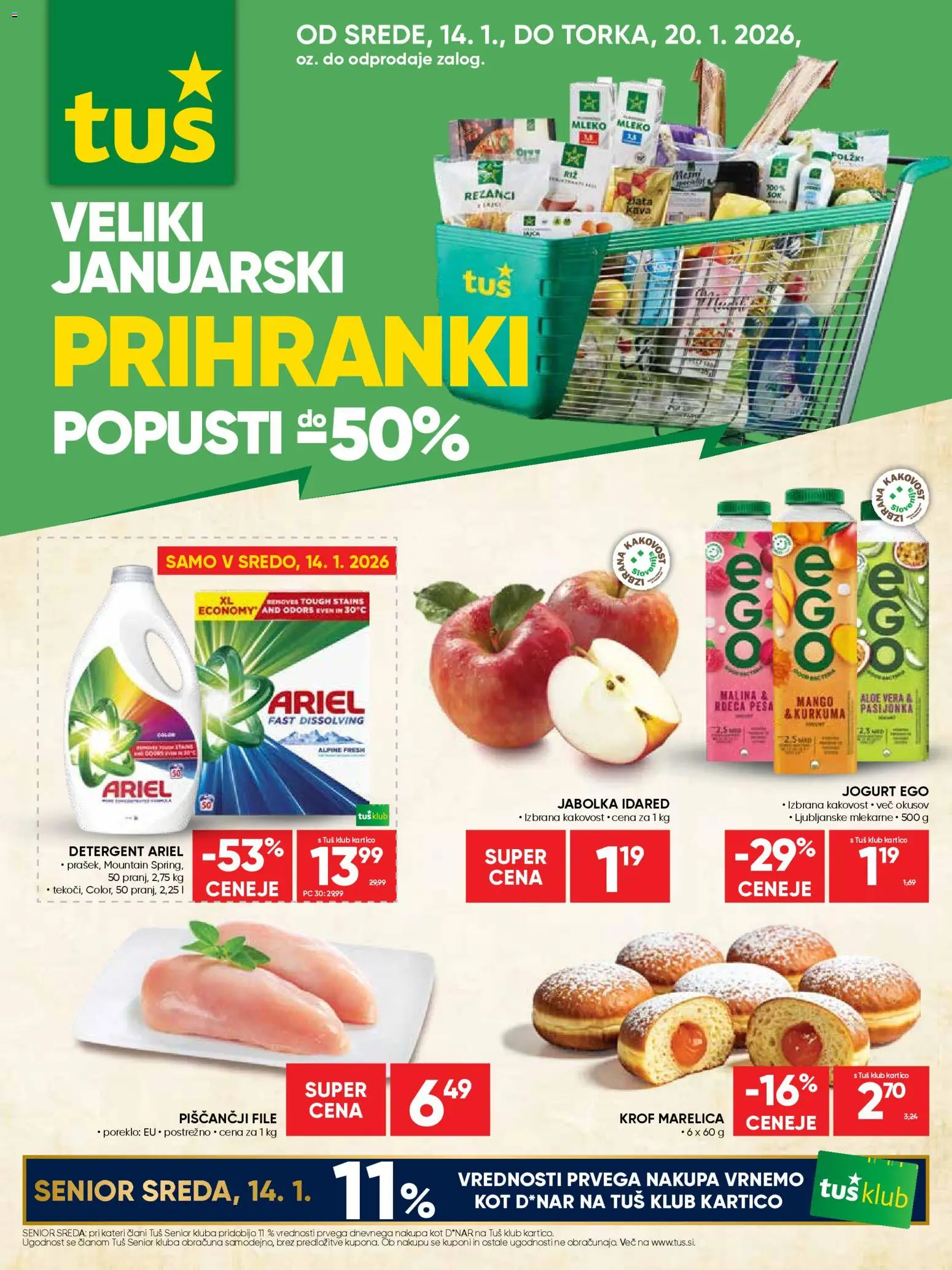 Novi Tuš katalog ponudbe – veljaven od 14.01.2026 | Stran: 1 | Izdelki: Rezanci, Jabolka, Detergent, Mango