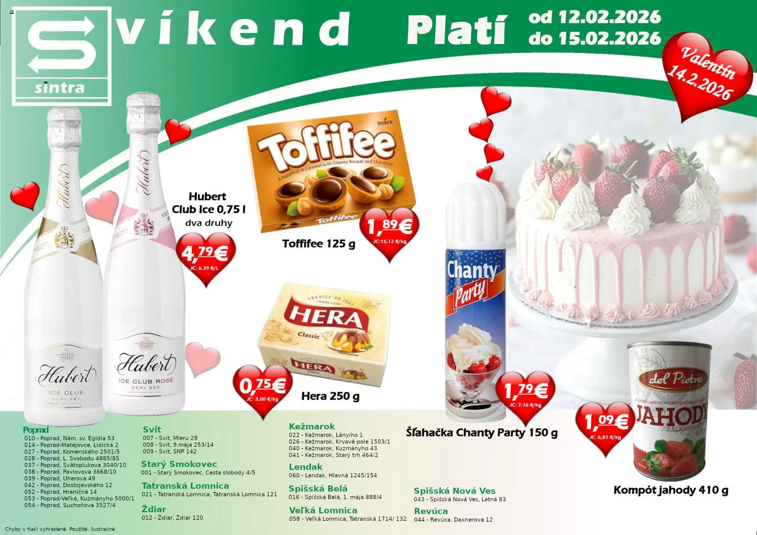 Nové Sintra akcie – leták je platný od 12.02.2026 | Strana: 1 | Produkty: Toffifee, Jahody, Hera, Šľahačka
