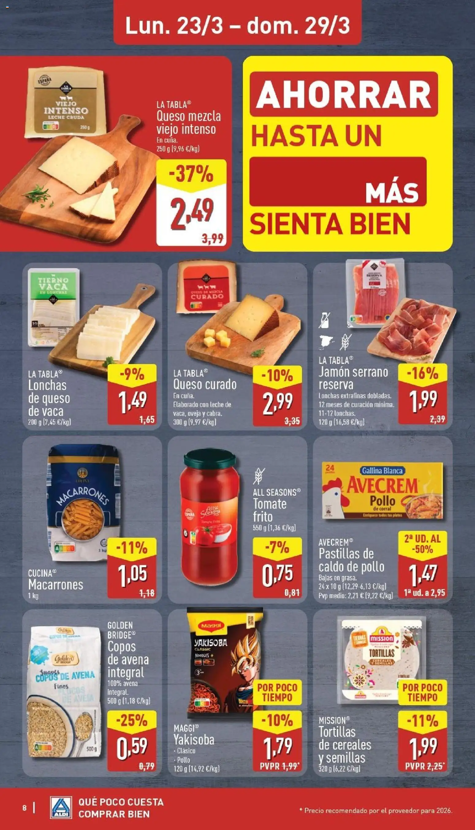 Aldi folleto Península │ válido desde el 23.03.2026 | Página: 8 | Productos: Queso de vaca, Leche, Jamón, Copos