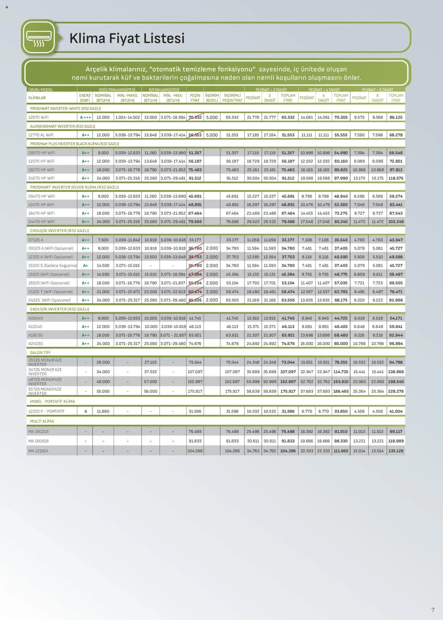 Arçelik - İklimlendirme Kataloğu - 01.04.2026 tarihinden itibaren geçerlidir | Sayfa: 7 | Ürünler: Klima