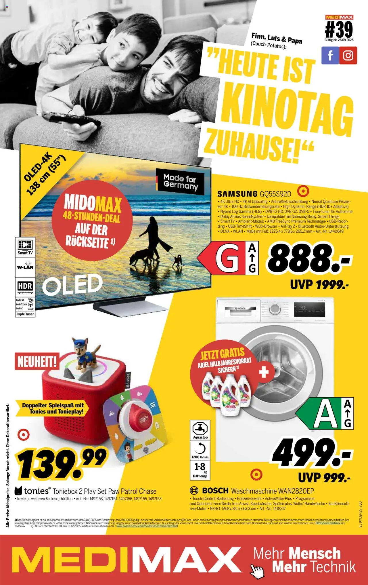 Medimax Prospekt 	 – gültig ab 20.09.2025 | Seite: 1 | Produkte: Waschmaschine, Samsung, Soundsystem, TV