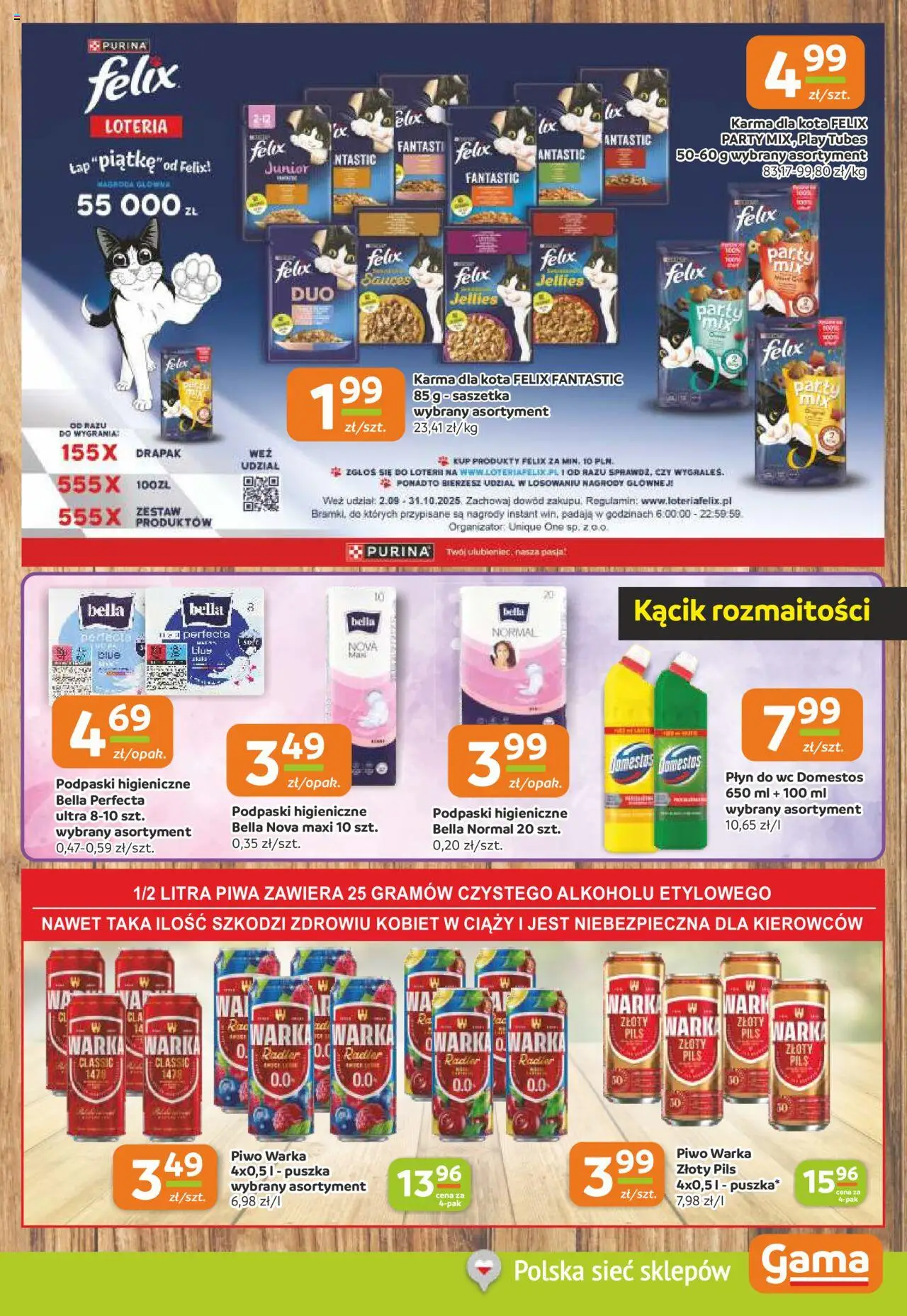 Gama Gazetka od 04.09.2025 | Strona: 9 | Produkty: Podpaski, Warka, Karma dla kota, Płyn do WC Domestos