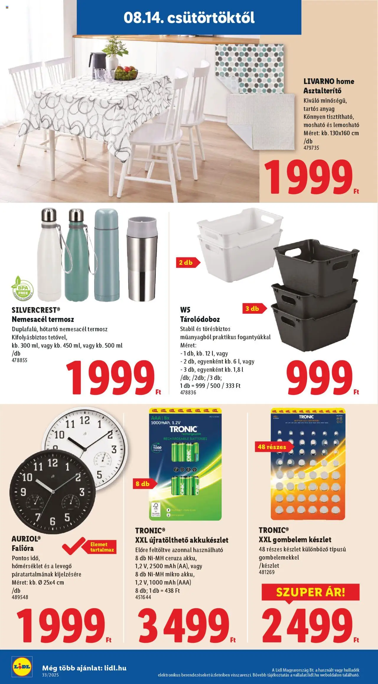 Lidl akciós ujság - amely érvényes a következő dátumtól: 14.08.2025 | Oldal: 36 | Termékek: Falióra, Tárolódoboz, Asztalterítő, Termosz