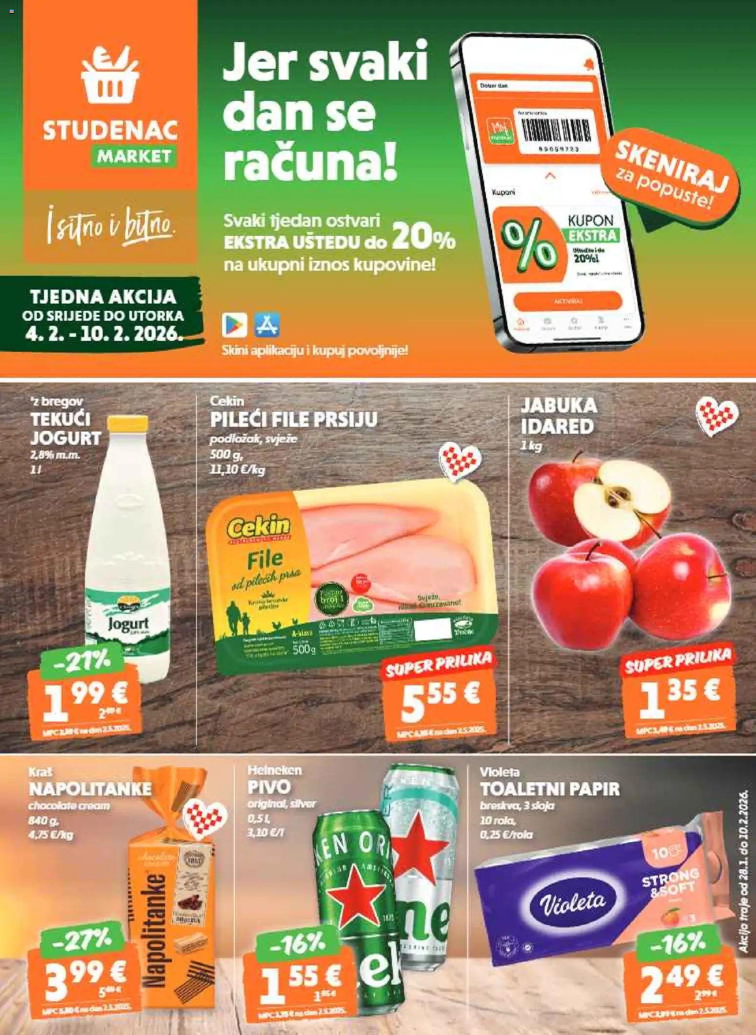 Studenac katalog | vrijedi od 04.02.2026 | Stranica: 1 | Proizvodi: Pileći file, Pivo, Napolitanke, Toaletni papir