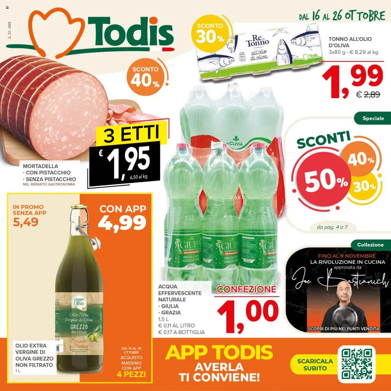 Volantino Todis del 16.10.2025 | Pagina: 1 | Prodotti: Acqua, Olio, Mortadella, Bottiglia