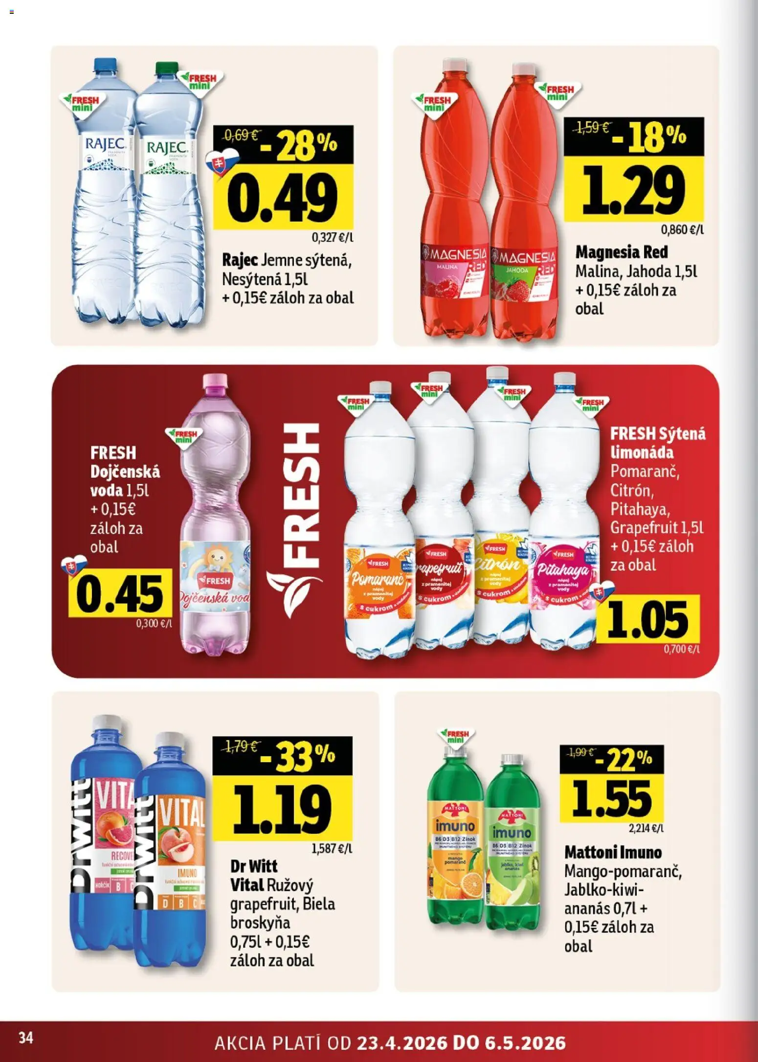 Nové Fresh akcie – leták je platný od 23.04.2026 | Strana: 34 | Produkty: Ananás, Mattoni, Grapefruit, Voda