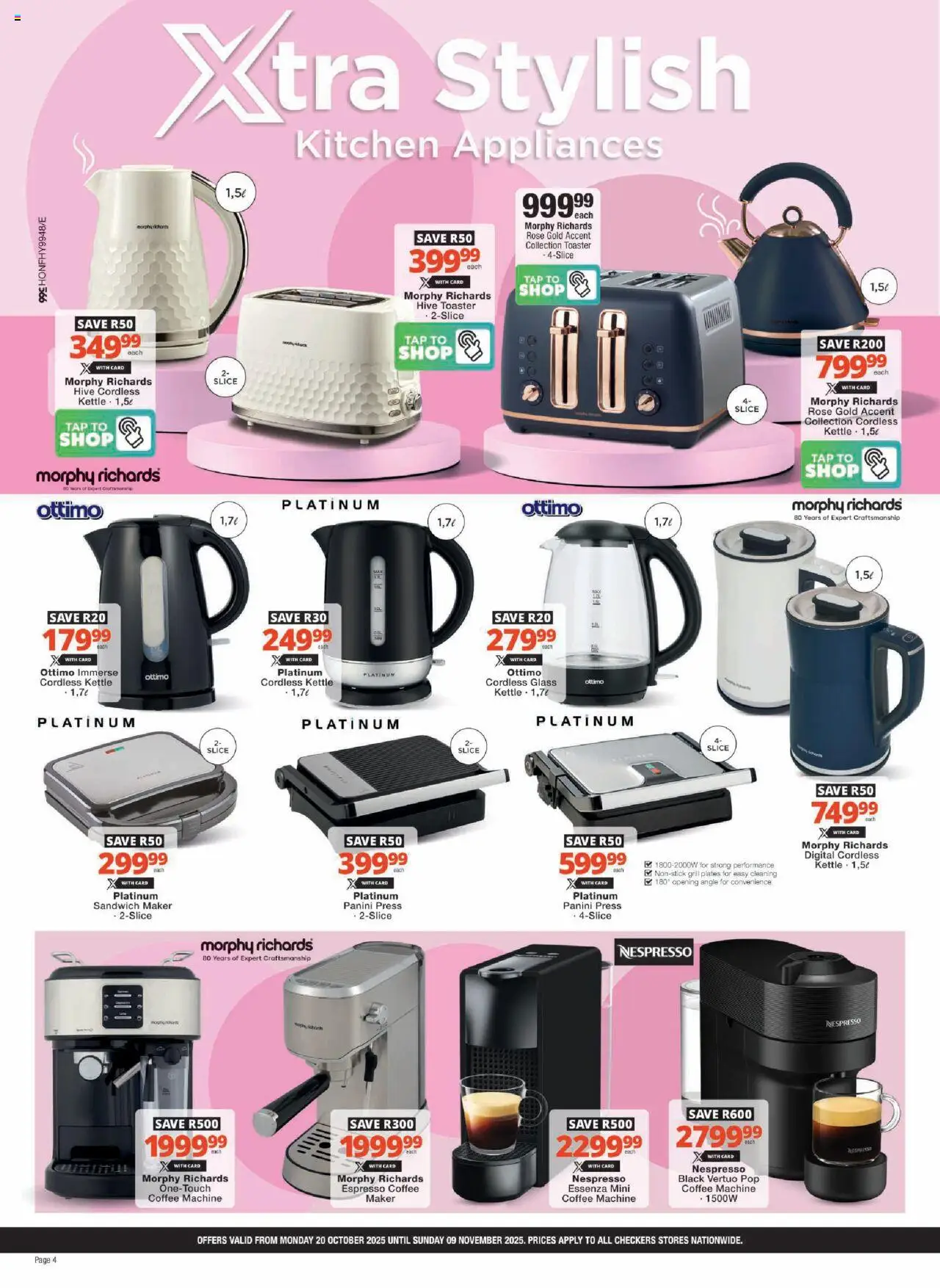 New Checkers catalogue – valid from 20.10.2025 | Page: 4 | Products: Kettle, Press, Sandwich maker, Coffee