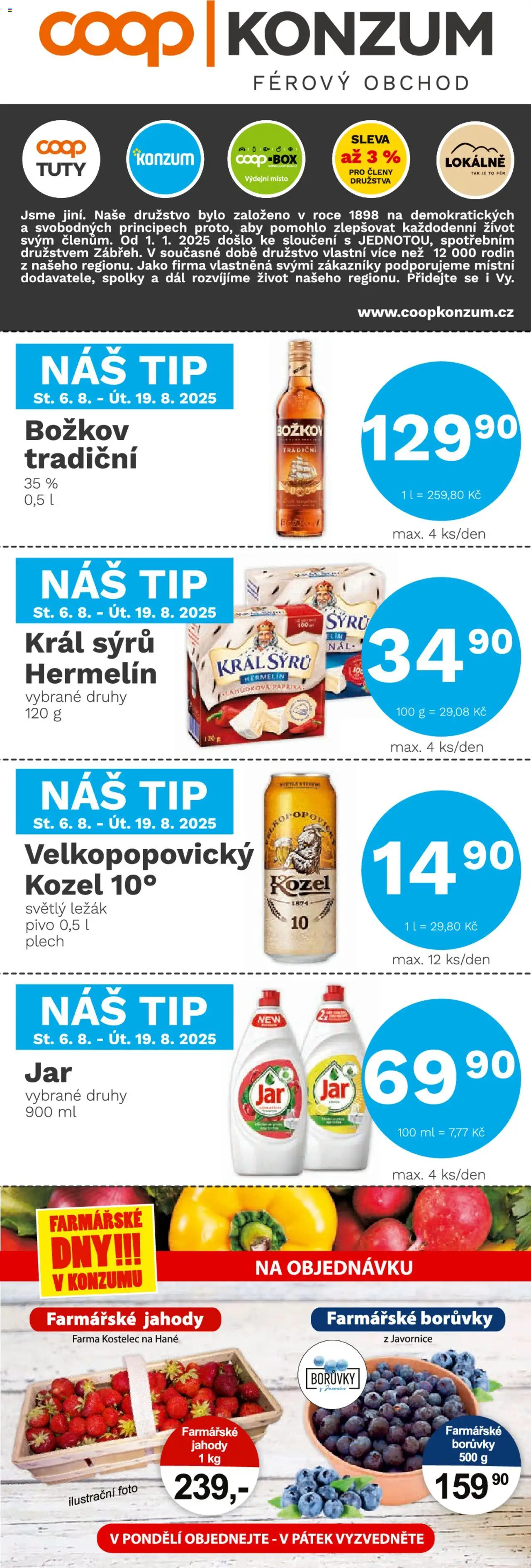 Konzum leták od 06.08.2025 | Strana: 1 | Produkty: Jahody, Plech, Paprika, Božkov
