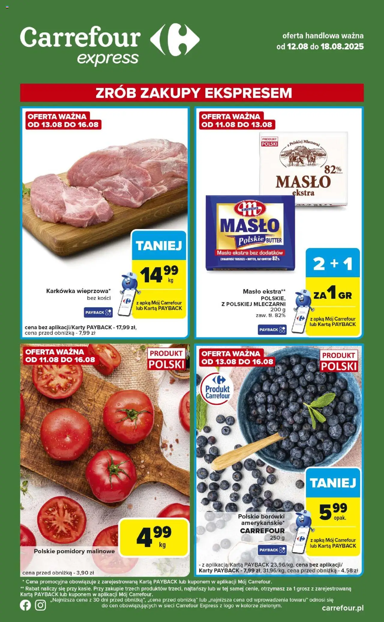 Carrefour Gazetka - Express II od 12.08.2025 | Strona: 1 | Produkty: Karta, Karkówka, Masło, Pomidory