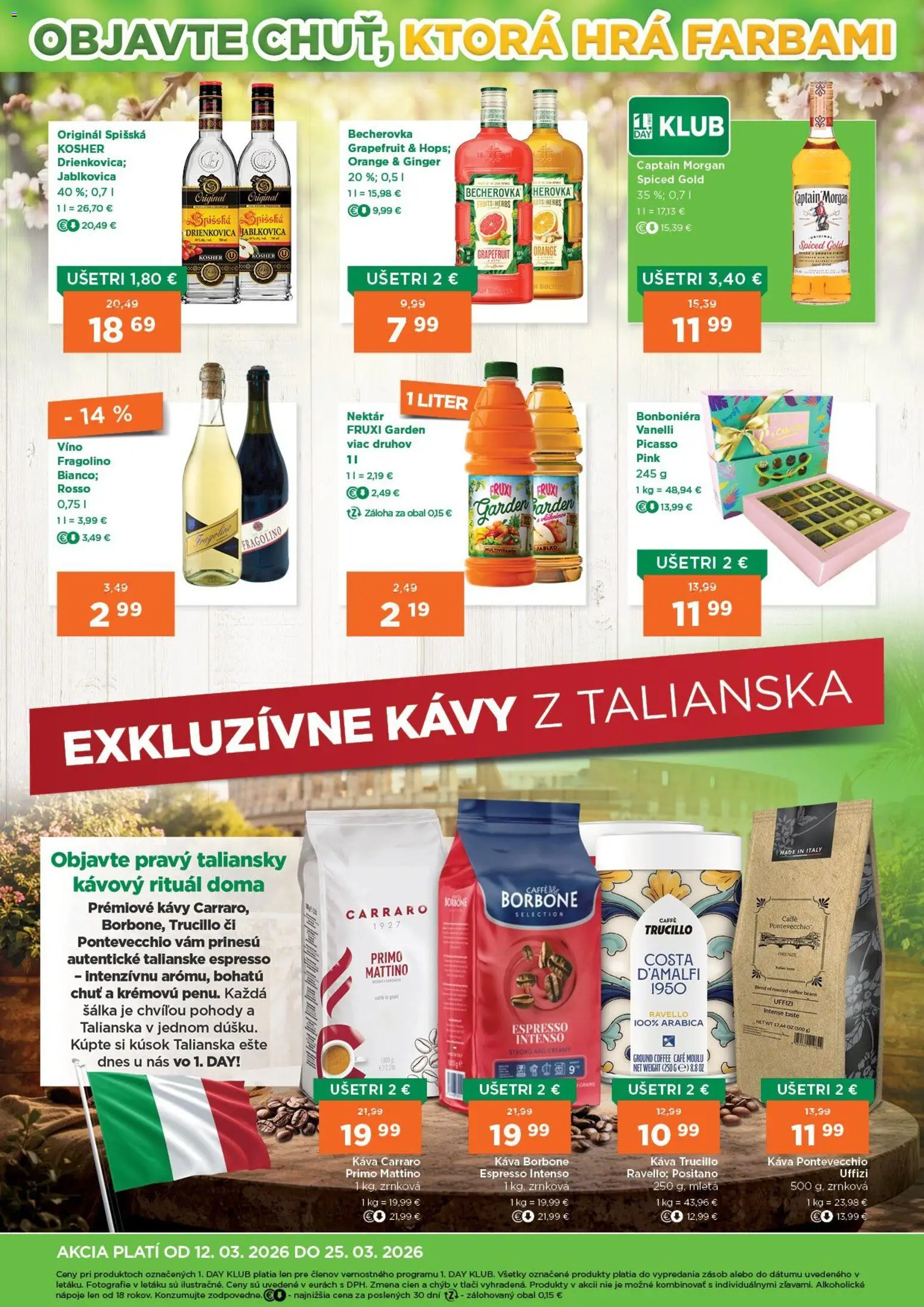 Nové 1day akcie – leták je platný od 12.03.2026 | Strana: 4 | Produkty: Becherovka, Víno, Captain Morgan, Grapefruit