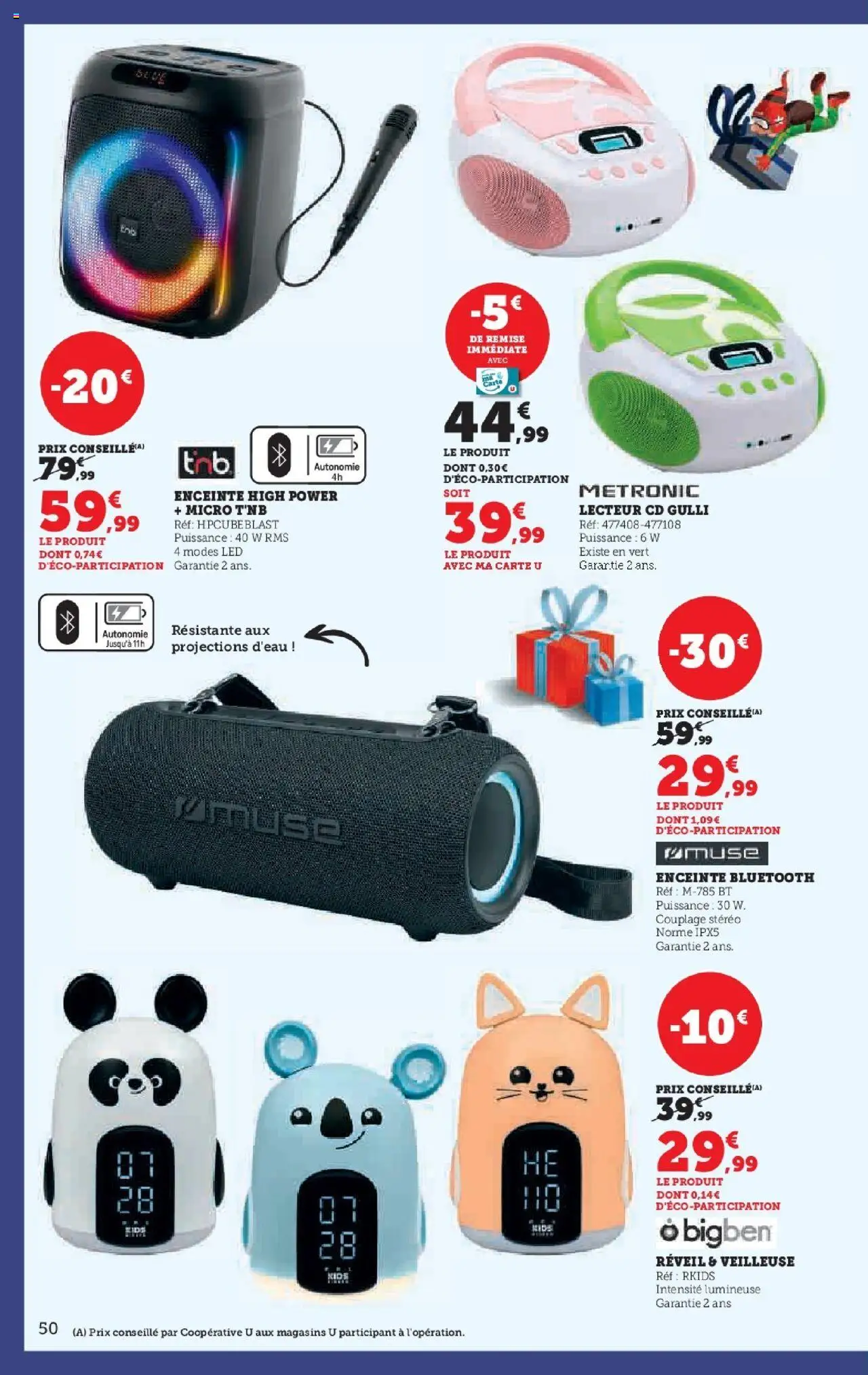 {H1} | Page: 50 | Produits: Réveil, Enceinte, Enceinte bluetooth, lecteur CD