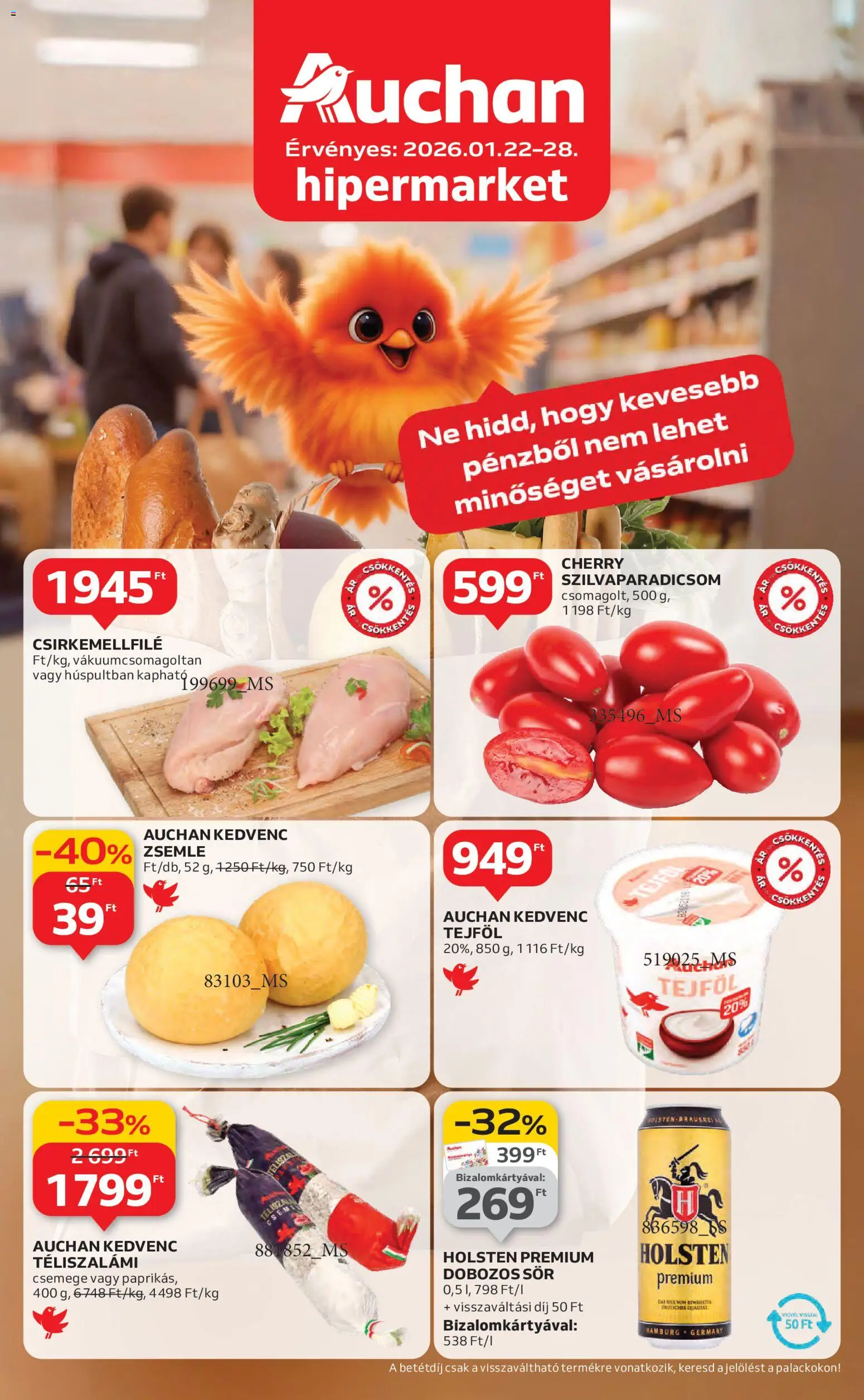 Auchan akciós ujság - amely érvényes a következő dátumtól: 22.01.2026 | Oldal: 1 | Termékek: Zsemle, Dobozos sör, Sör, Tejföl