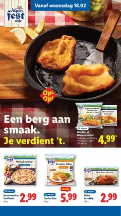 Mini kip- of Wienerschnitzel, Mini kipschnitzels 500 g. Prijs Wienerschnitzel 750 g €5.99. - Voorbeeld van een folder van Lidl, geldig van 16.02.2026 | Pagina: 20 | Producten: Pizza, Schnitzel, Kip